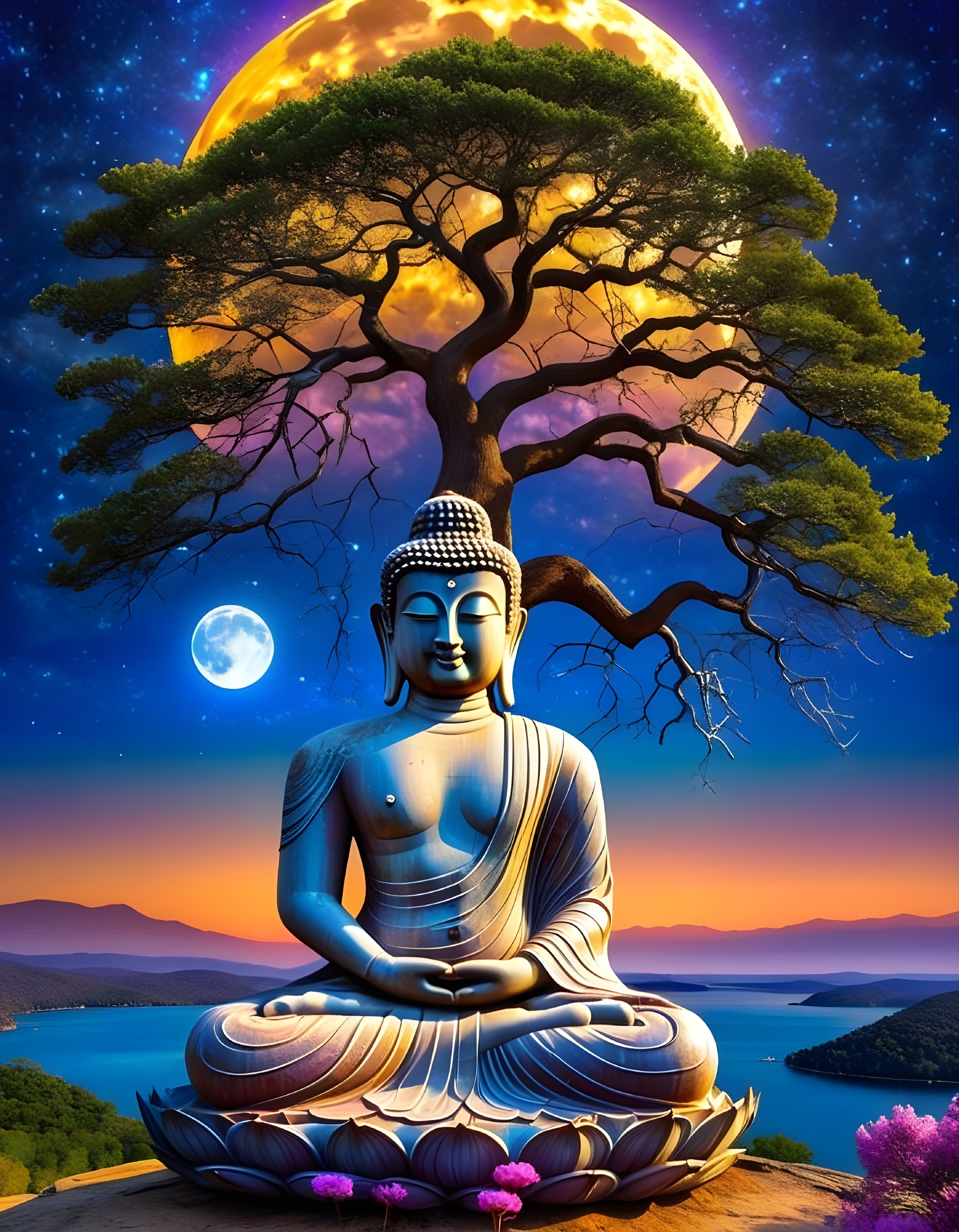 Buddha Statue in Tranquil Landscape with Moon and Sun