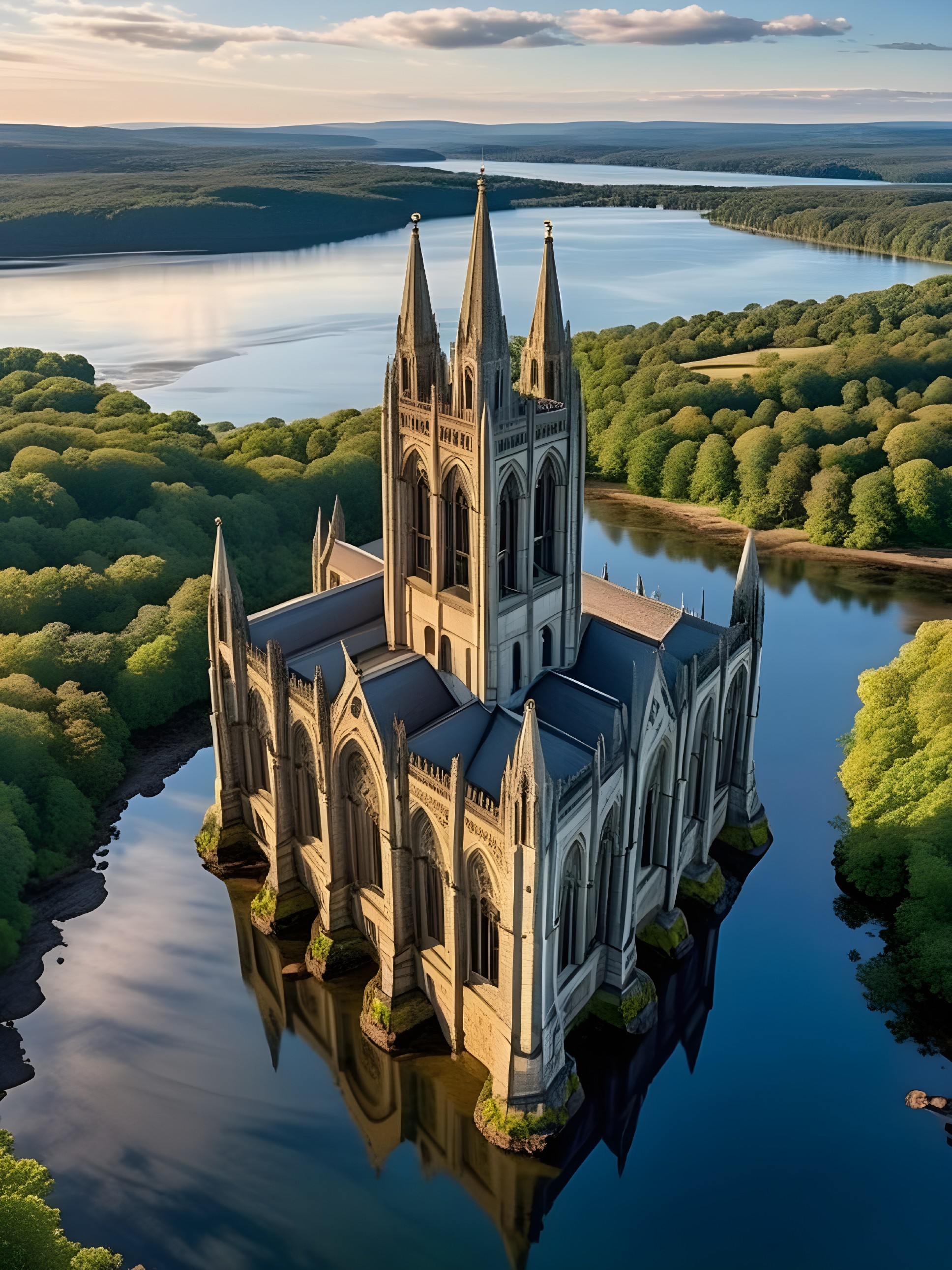 Gothic Cathedral Reflected in Serene Lake Landscape