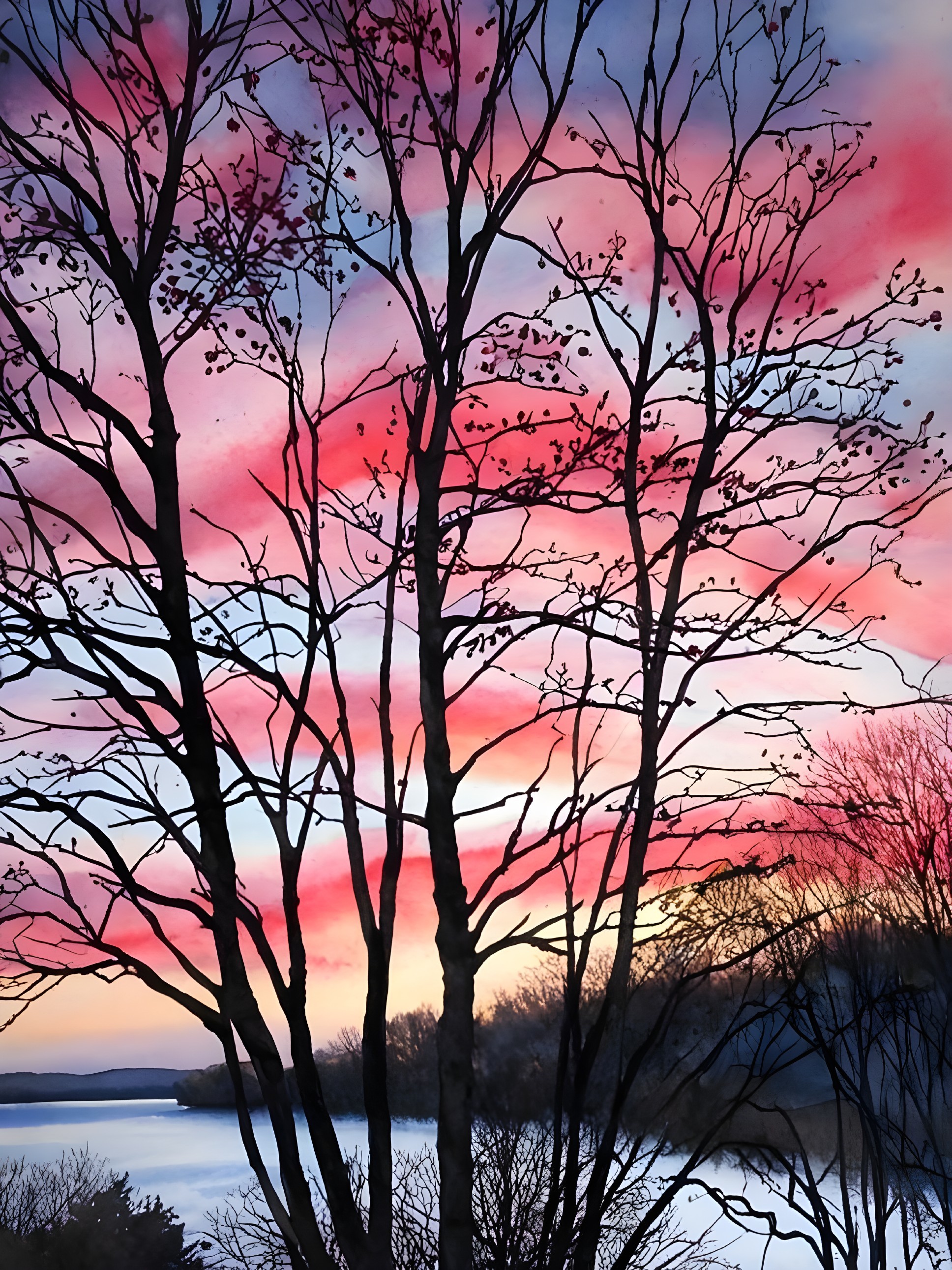Twilight Landscape with Silhouetted Trees and Lake