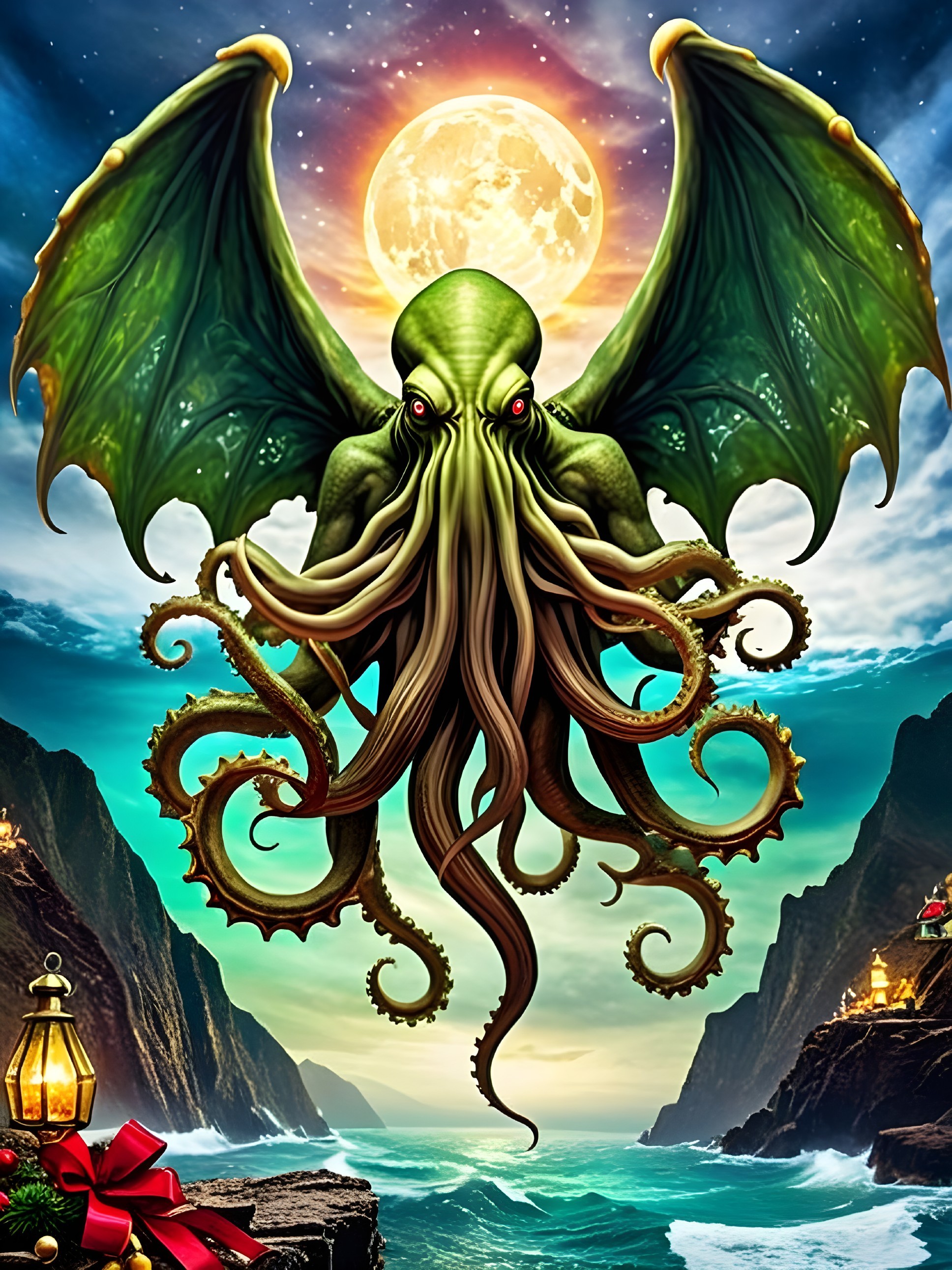 Giant Octopus with Wings Under Moonlit Sky