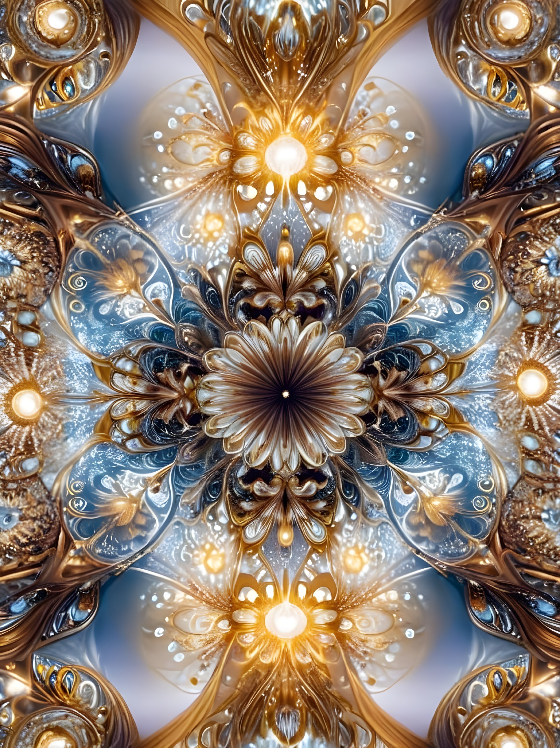 Symmetrical Floral Design with Gold and Blue Tones