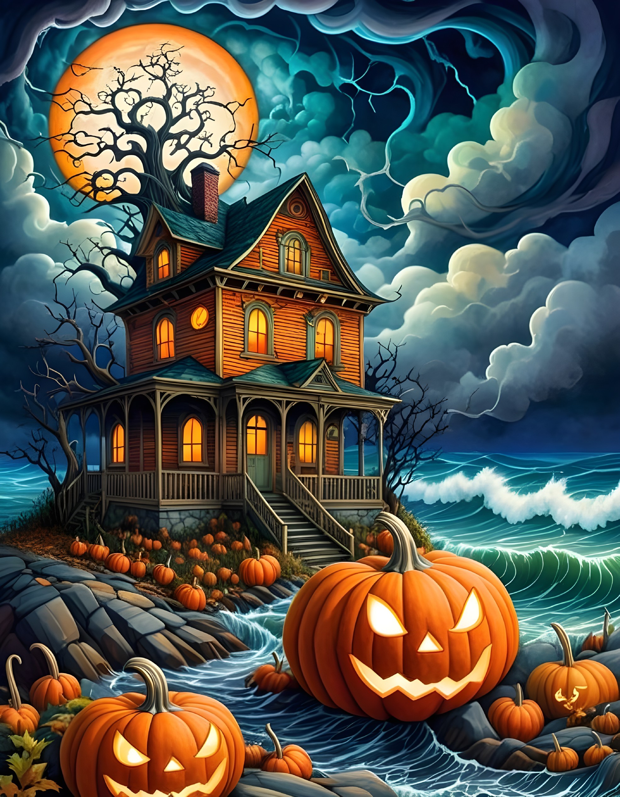 Haunted House with Pumpkins on Rocky Shore at Night