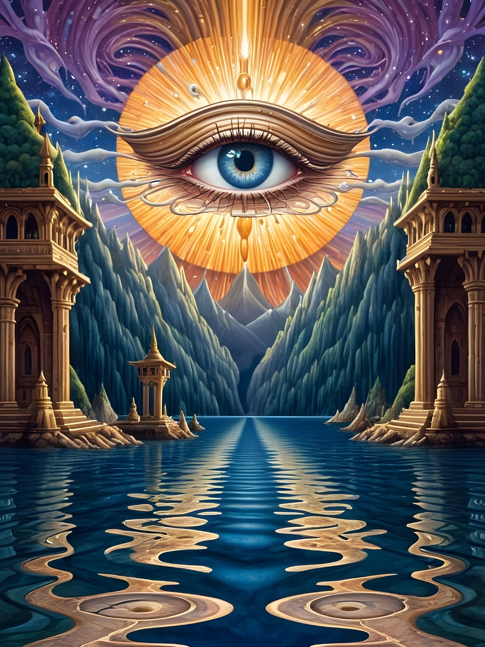 Surreal Landscape with Mountains and Reflective Lake