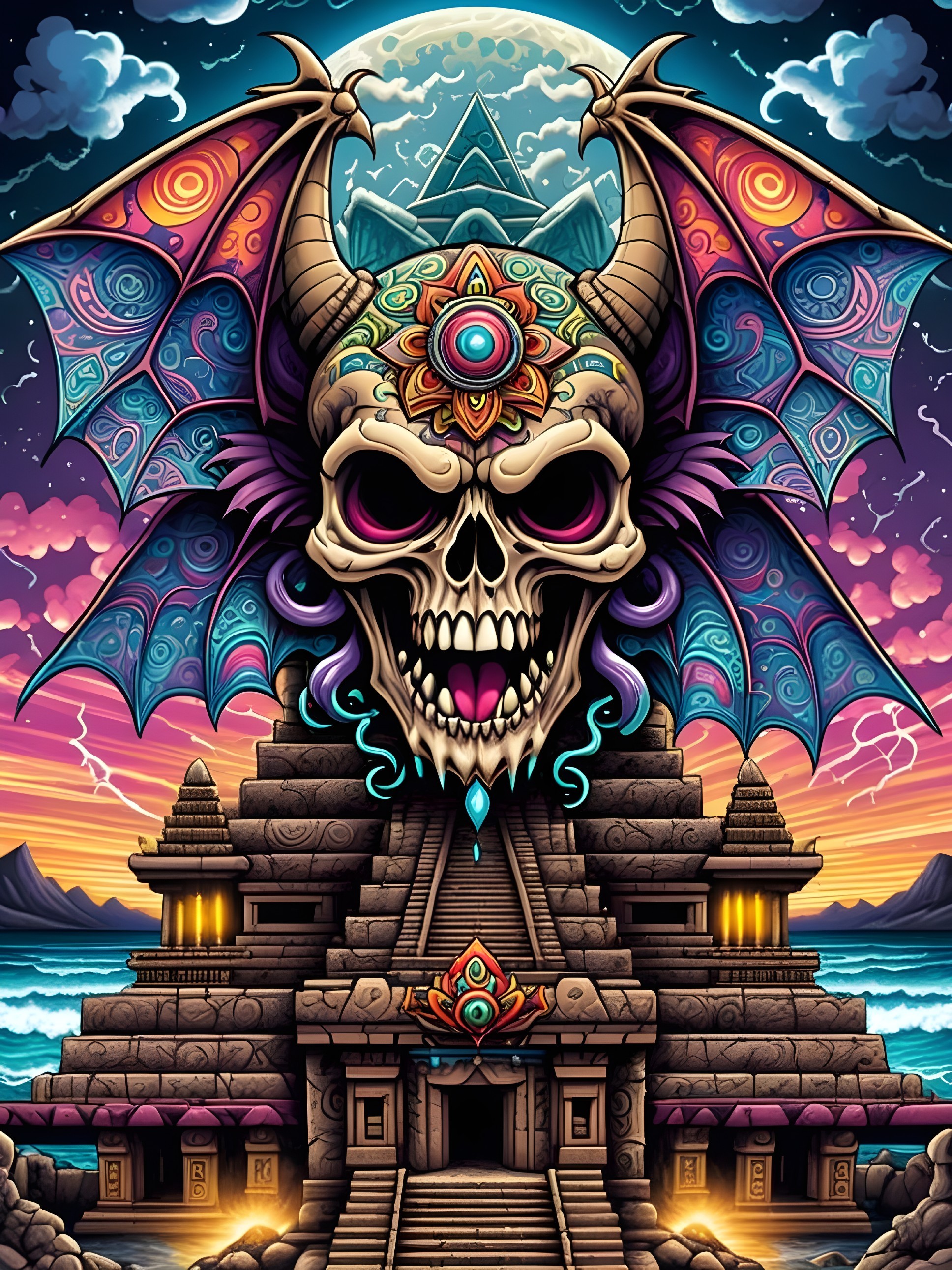 Surreal Illustration of Skull and Mystical Pyramid