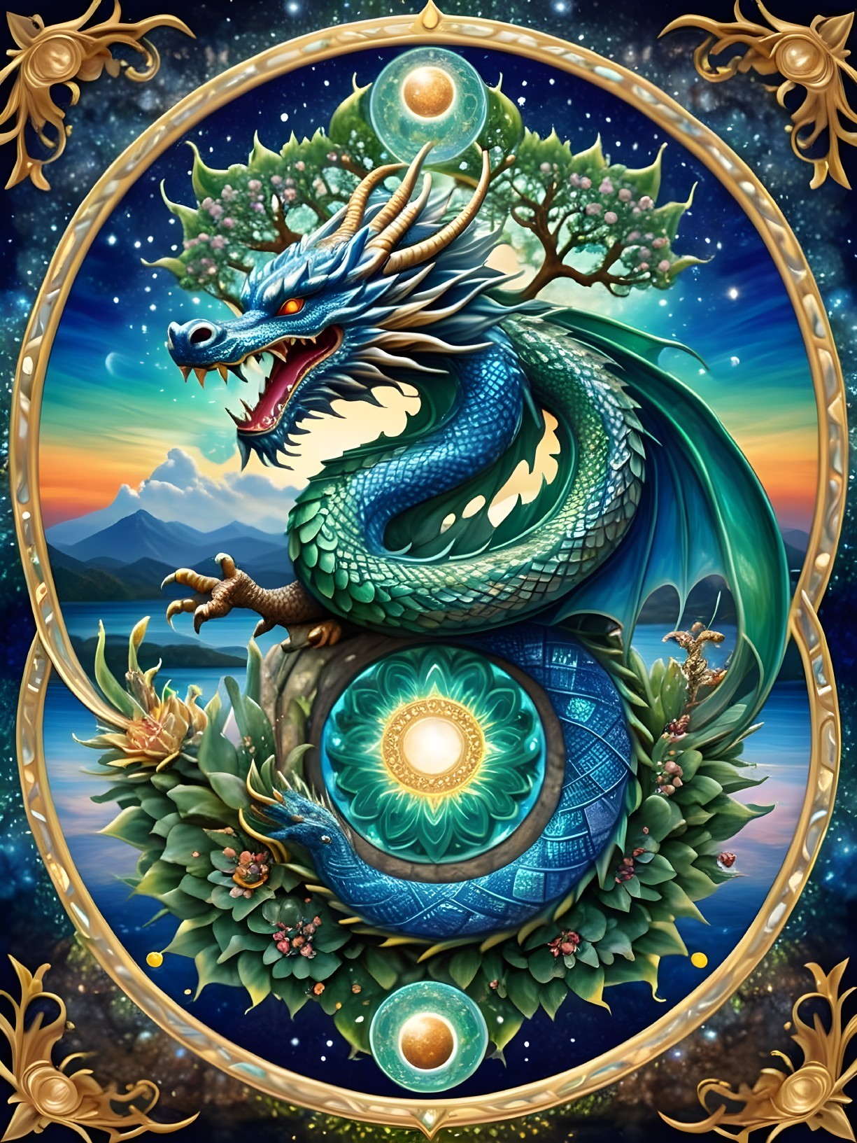 Dragon Coiled Around Glowing Orb at Sunset
