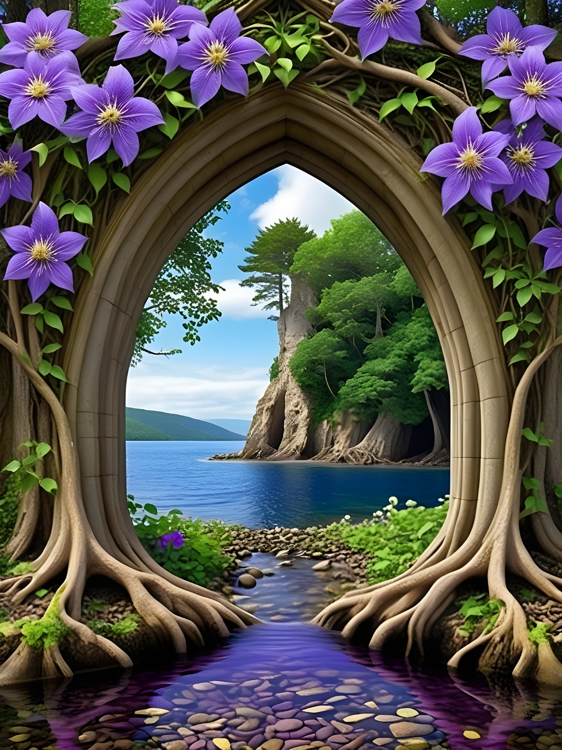 Coastal Scene with Root Archway and Vibrant Flowers