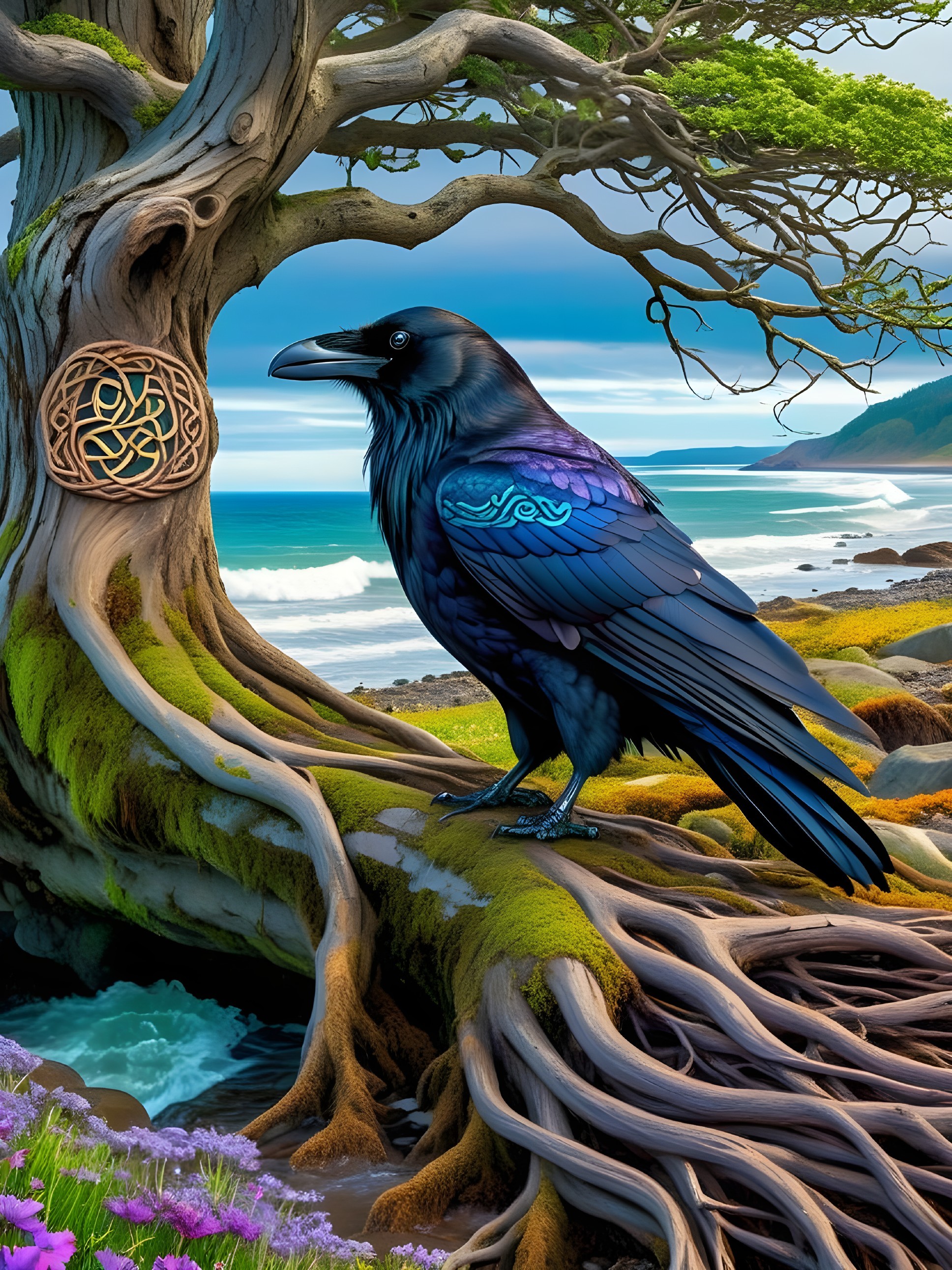 Majestic raven on carved tree in vibrant landscape