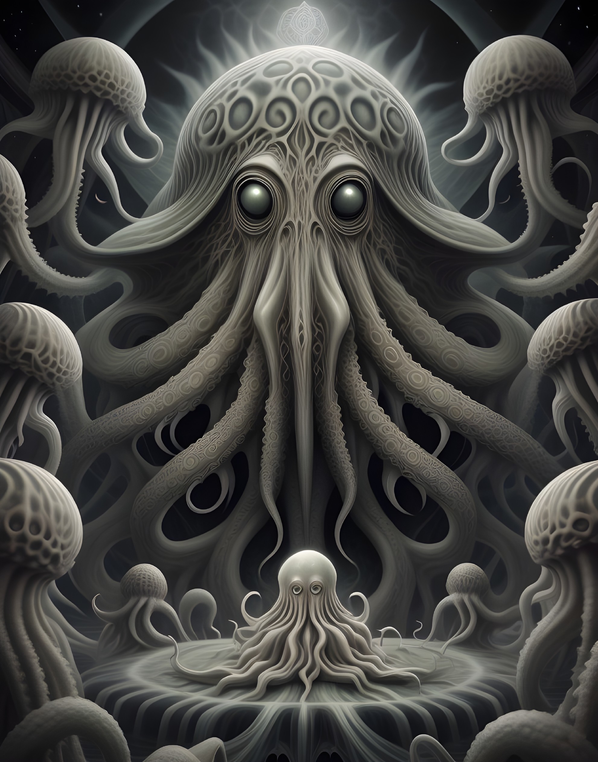 Surreal Lovecraftian Landscape with Tentacled Entity