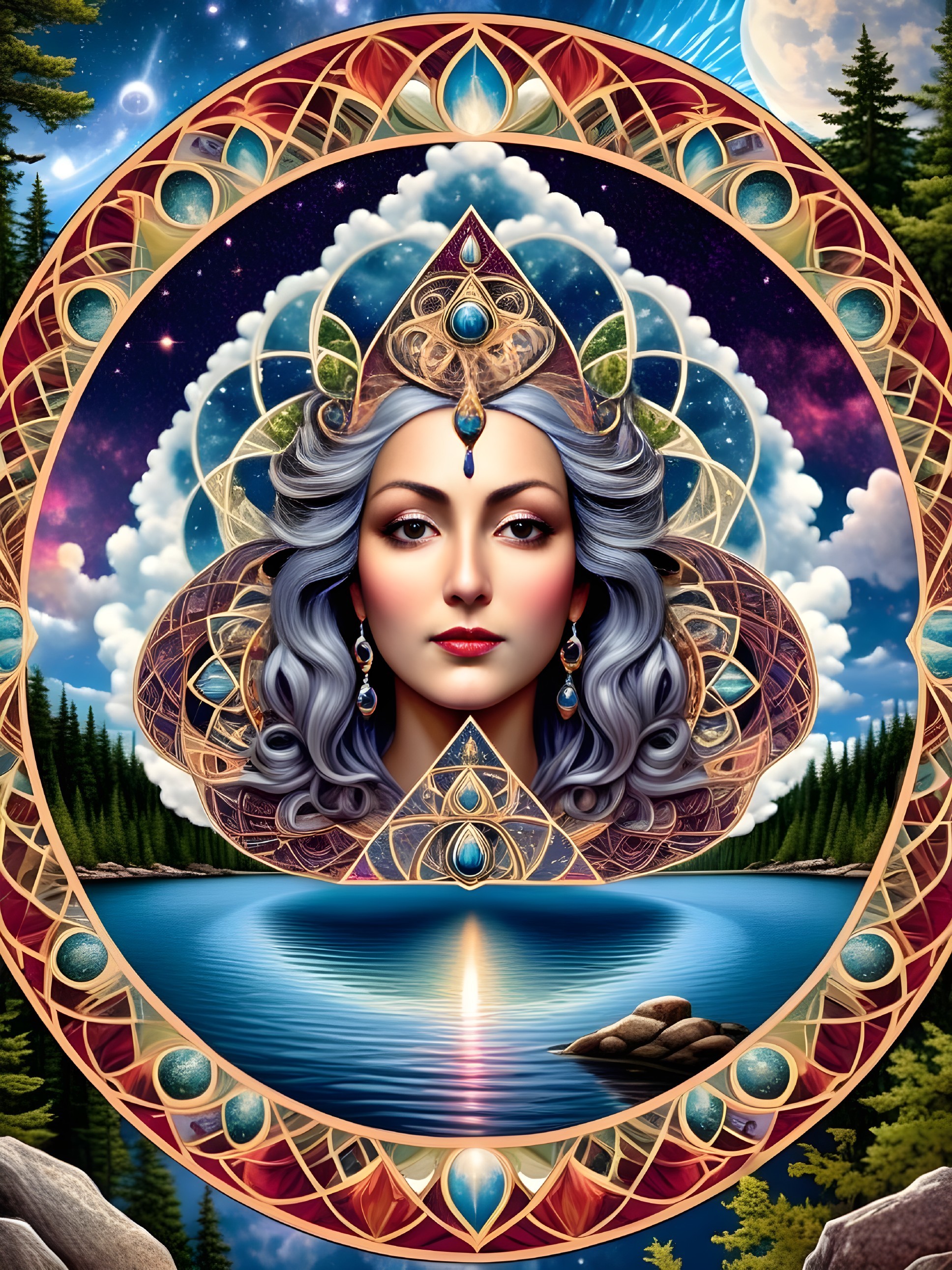 Mystical Woman with Gray Hair in Cosmic Mandala Scene