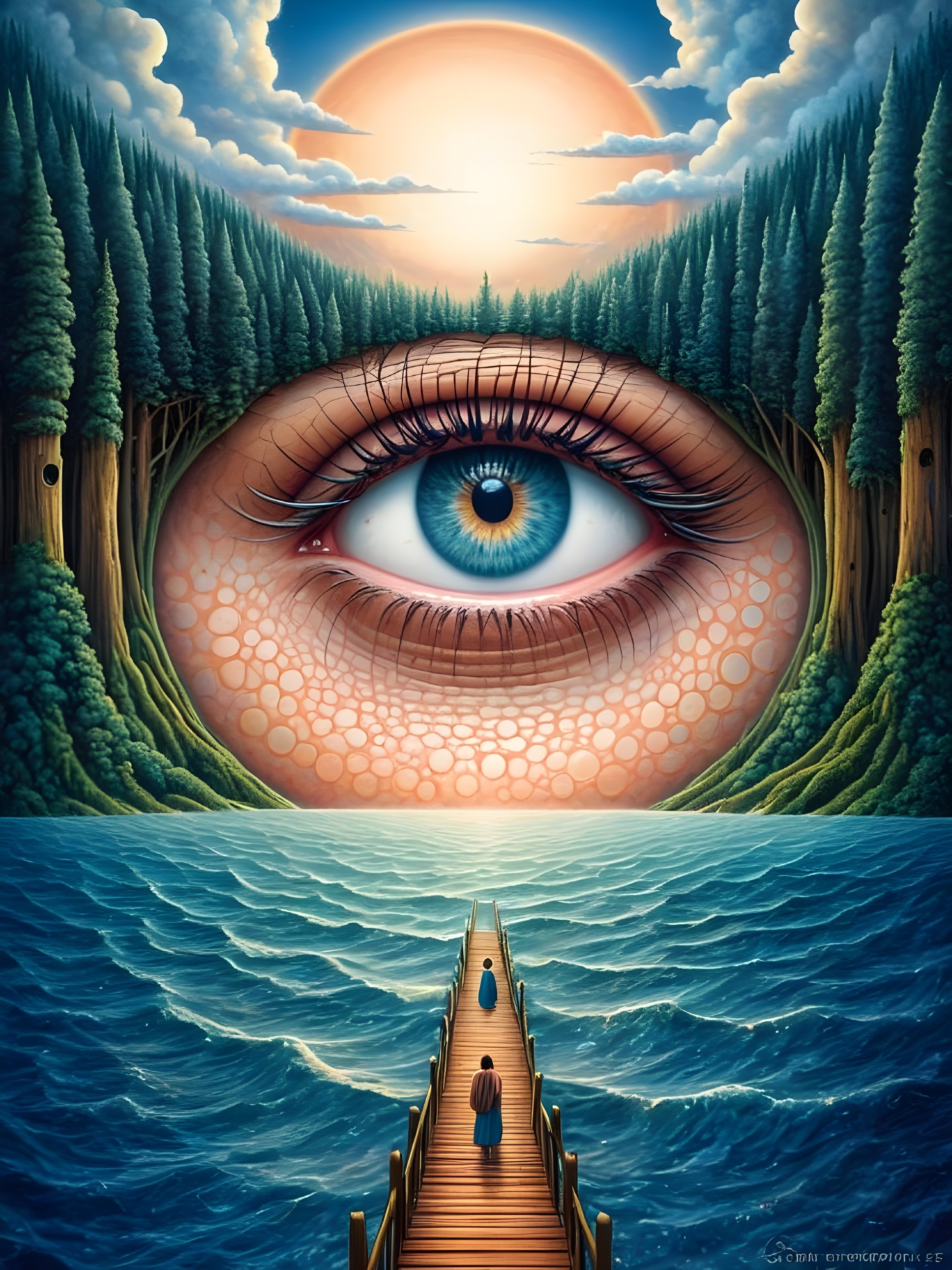 Surreal Landscape with Eye, Trees, and Golden Sun