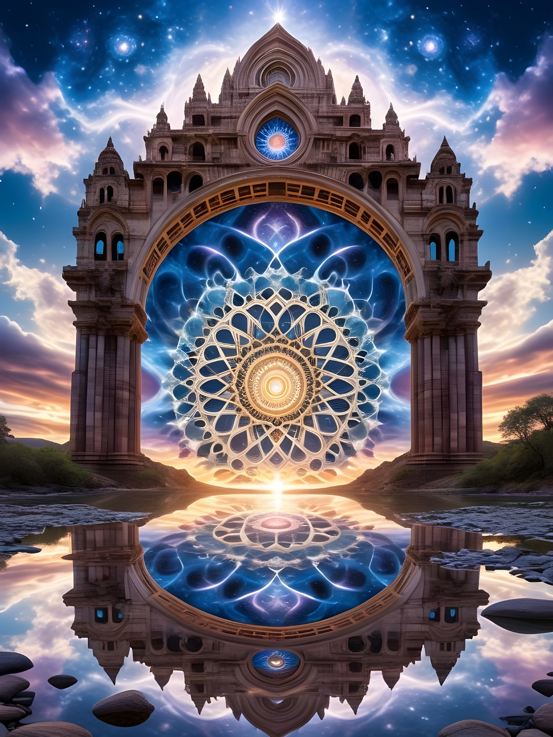 Grand Archway Under Cosmic Sky with Luminous Mandala