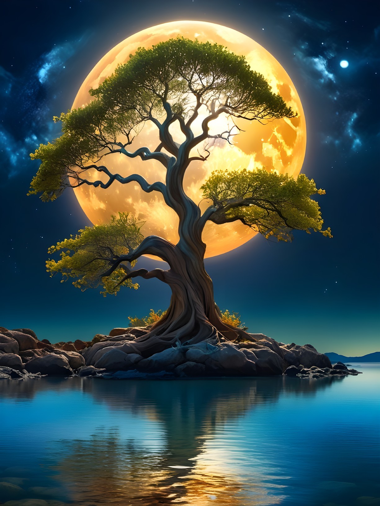 Majestic Tree by Rocky Shore Under Full Moonlight
