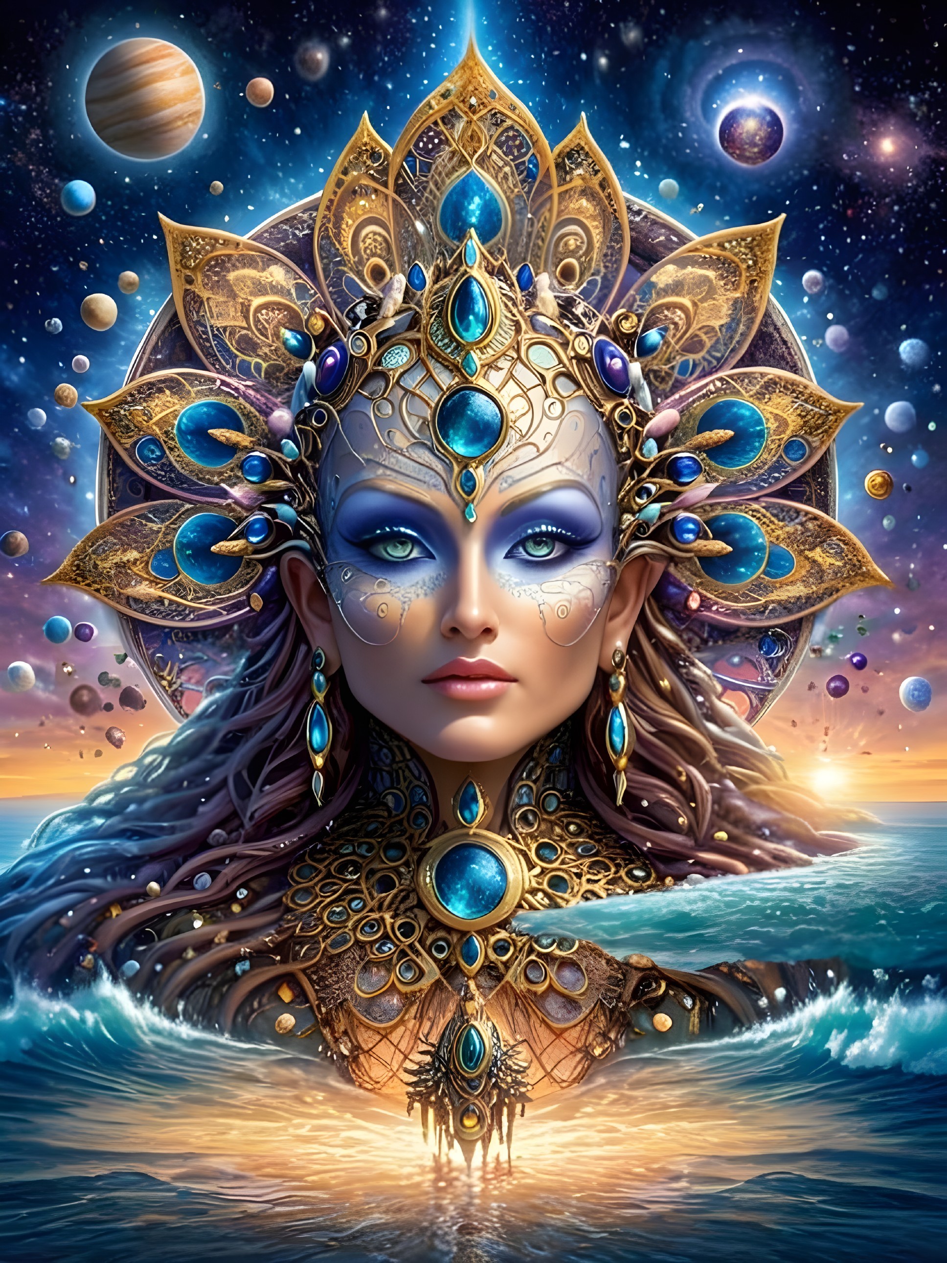 Celestial Figure in Turquoise Waves and Galaxies