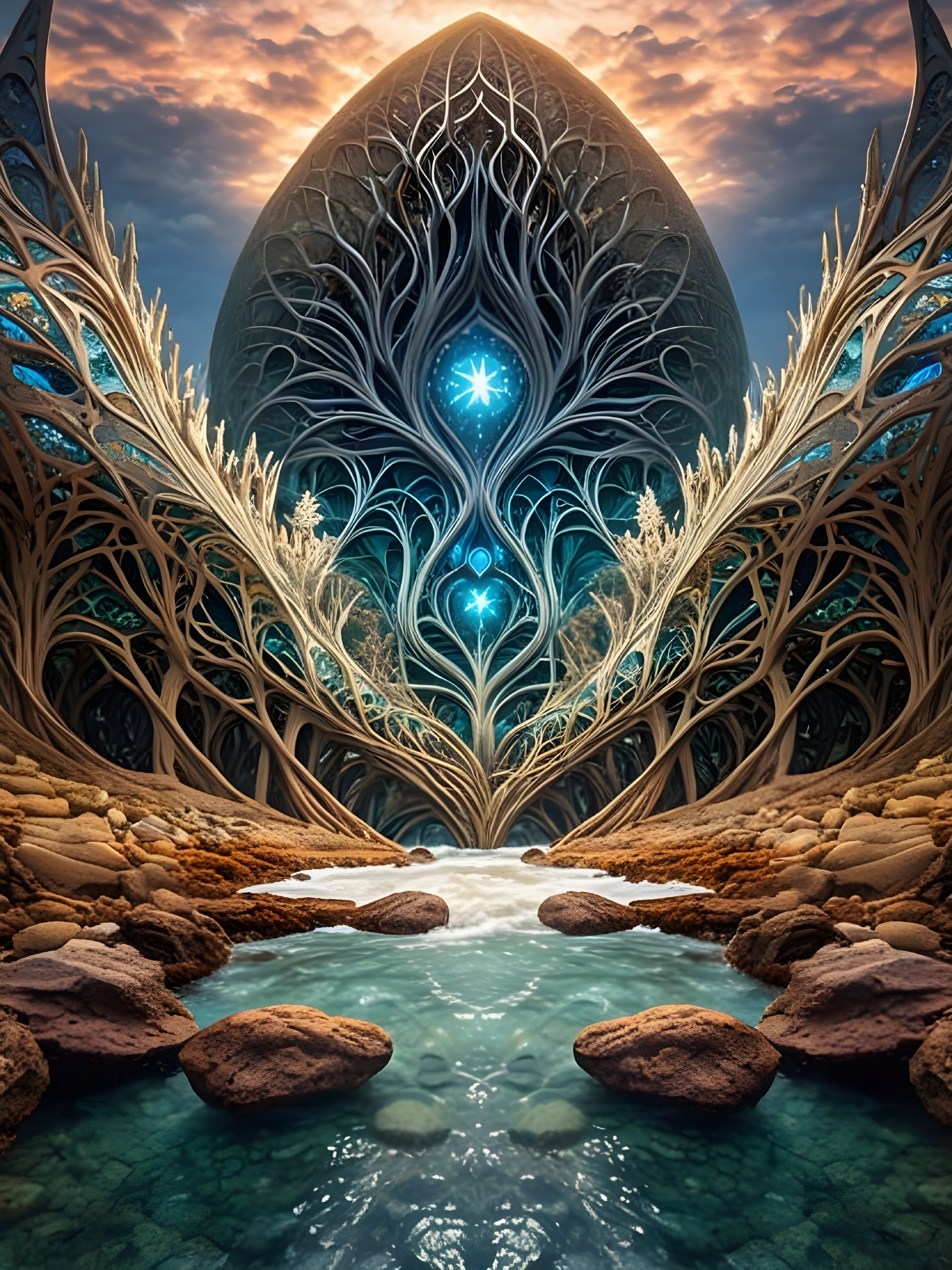 Fantastical Landscape with Ethereal Archway and Stream