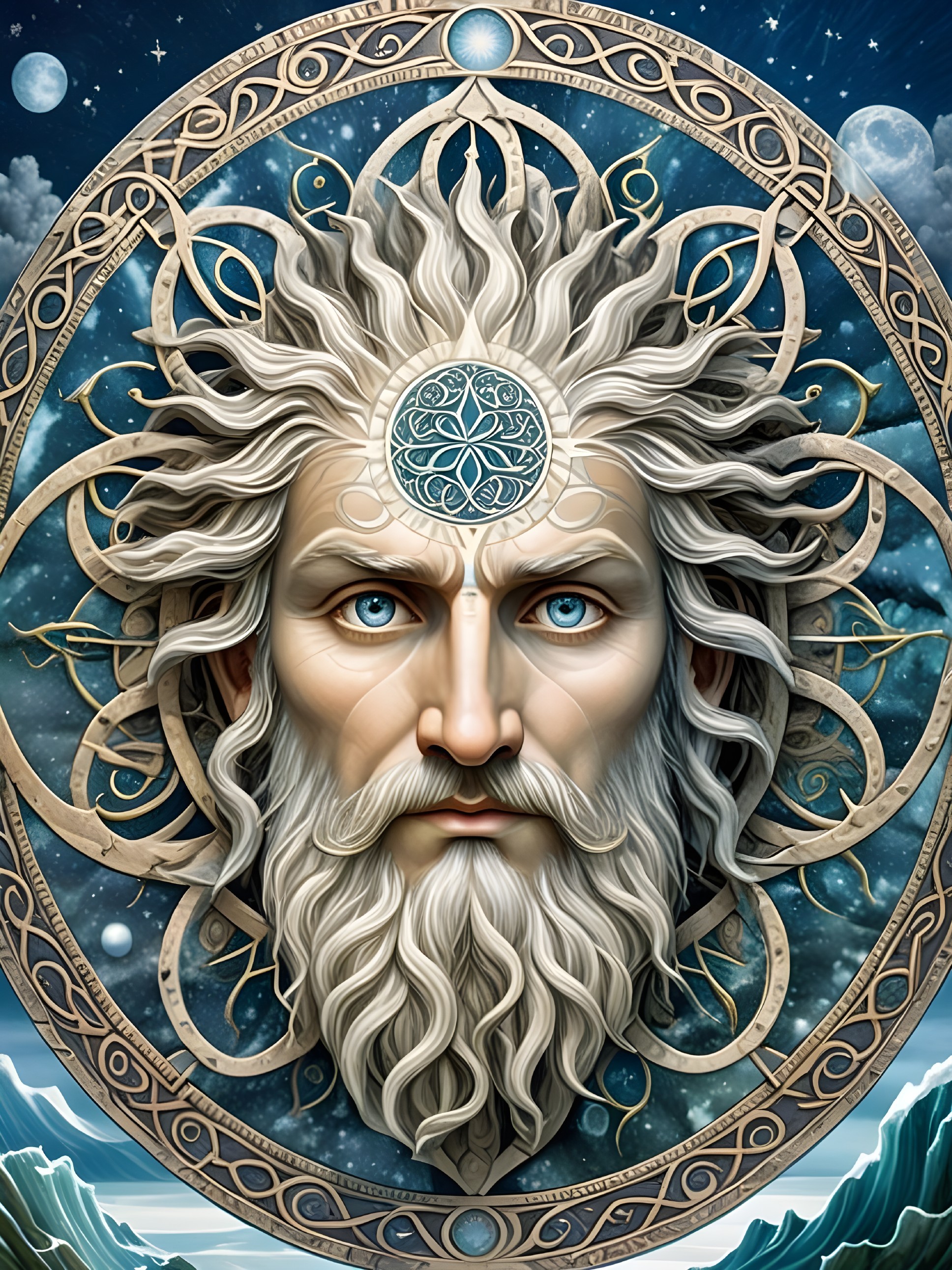 Majestic Bearded Figure in Cosmic Night Scene