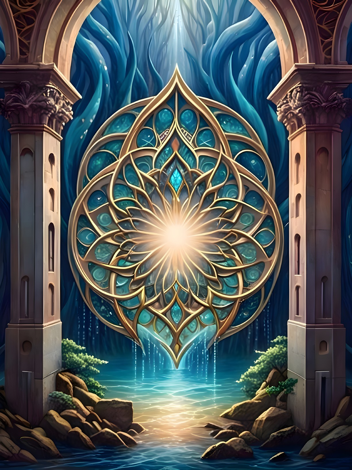 Golden Mandala Structure Amidst Serene Nature Scene