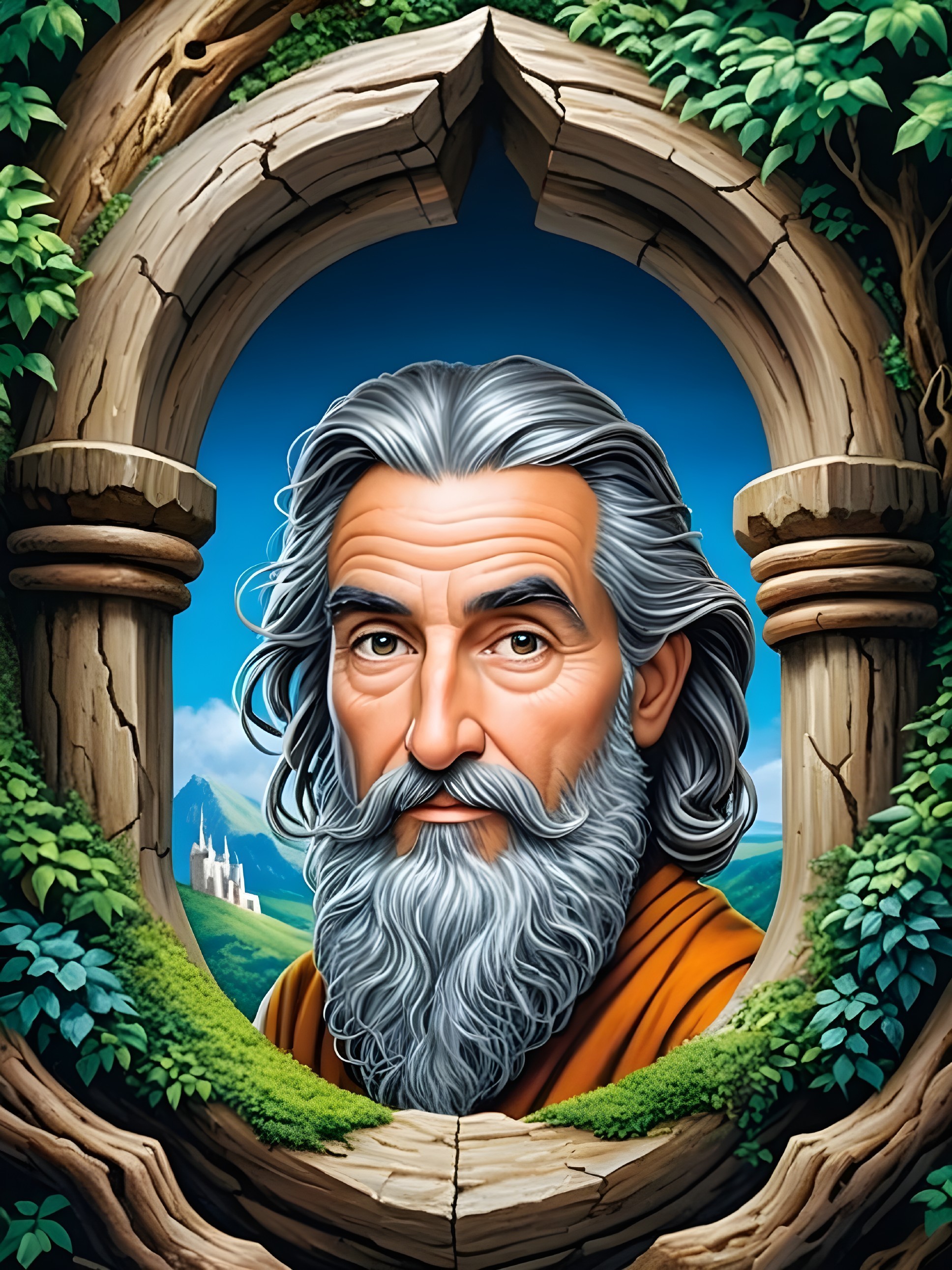 Elderly Man with Silver Hair and Castle Background