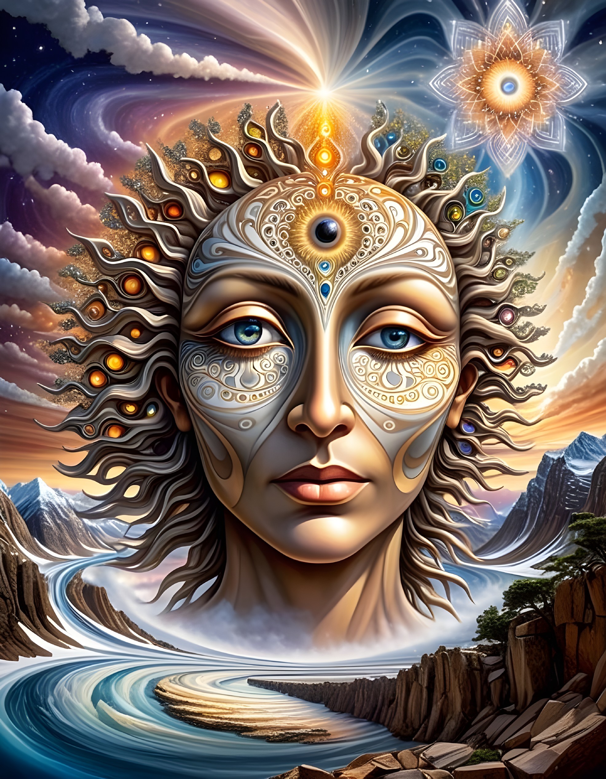 Surreal Sun-Faced Figure with Celestial Elements