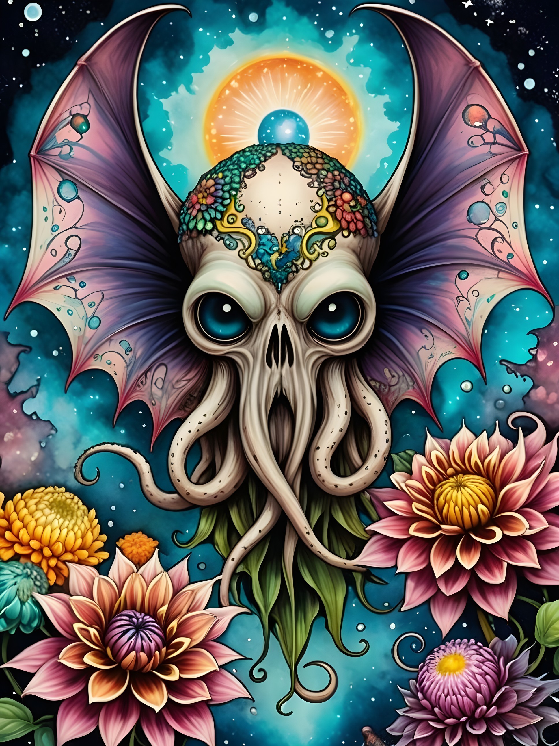 Surreal Cosmic Creature with Octopus Head and Wings