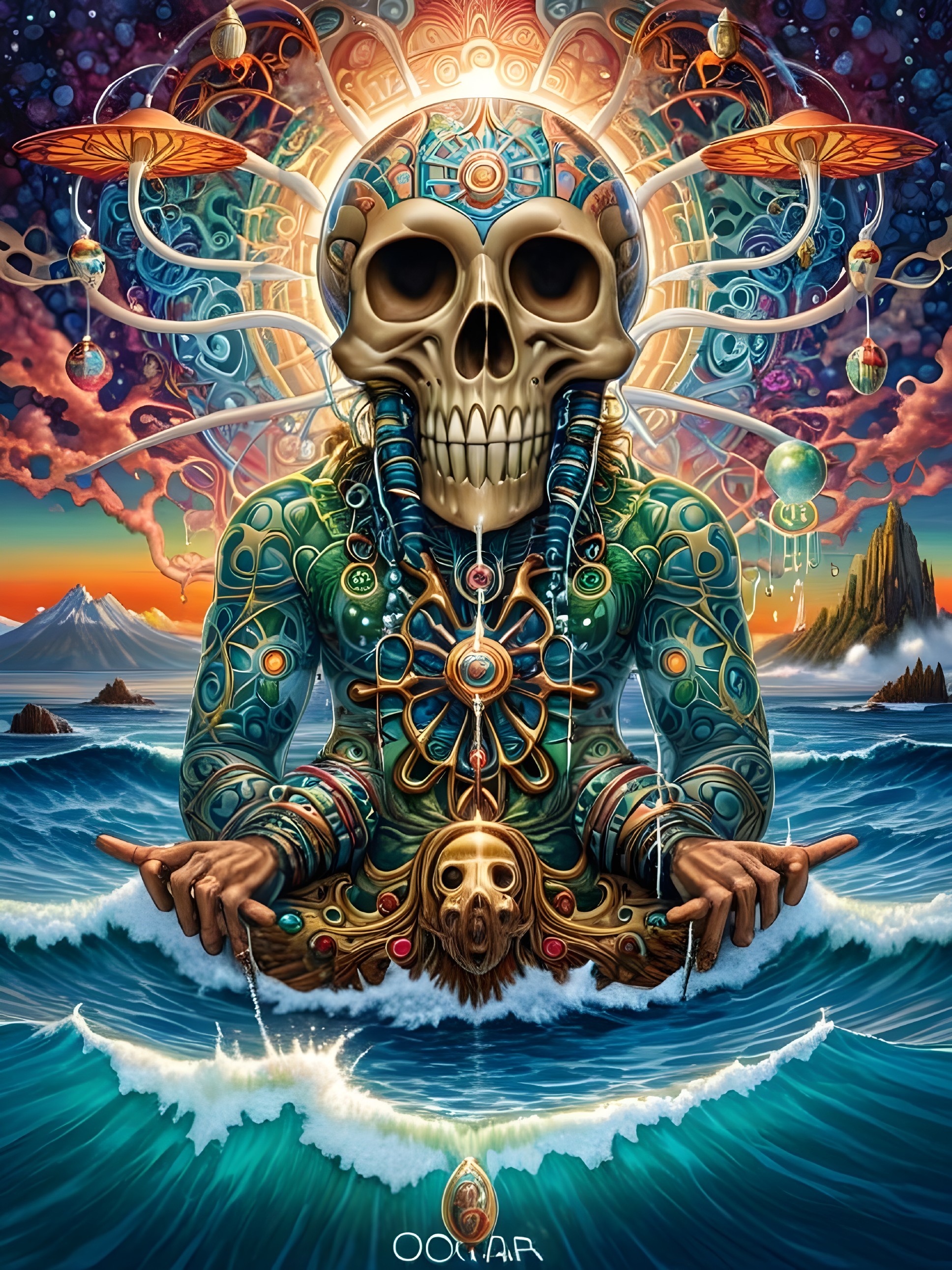 Surreal Artwork of a Skeletal Figure with Patterns