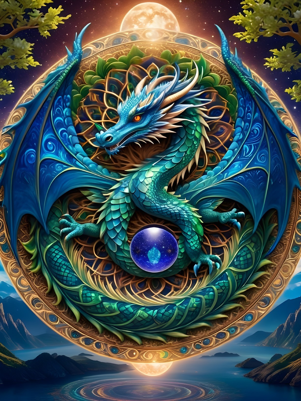 Majestic dragon in circular design with starry sky