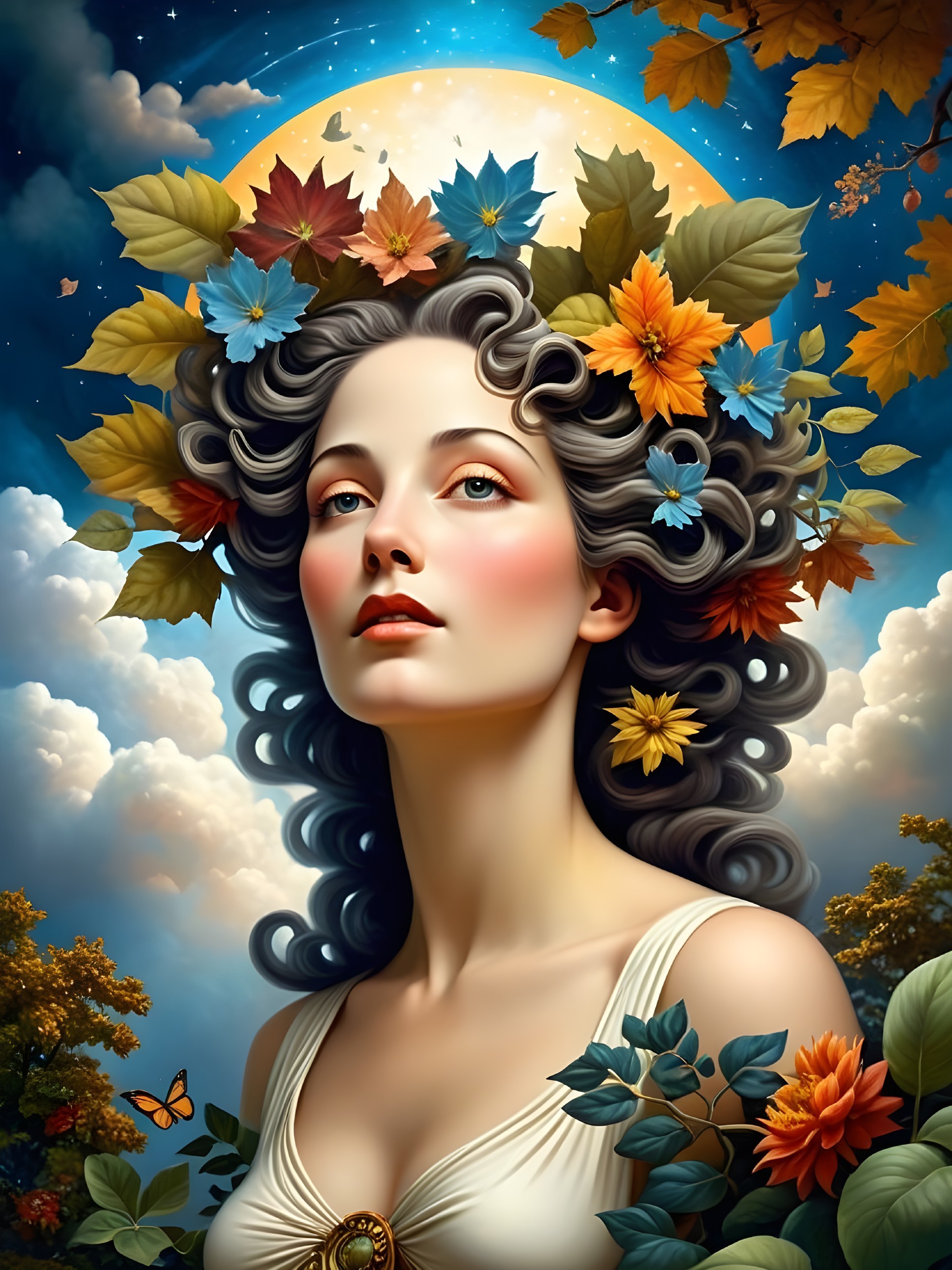 Serene Woman with Autumn Leaves and Moonlit Sky