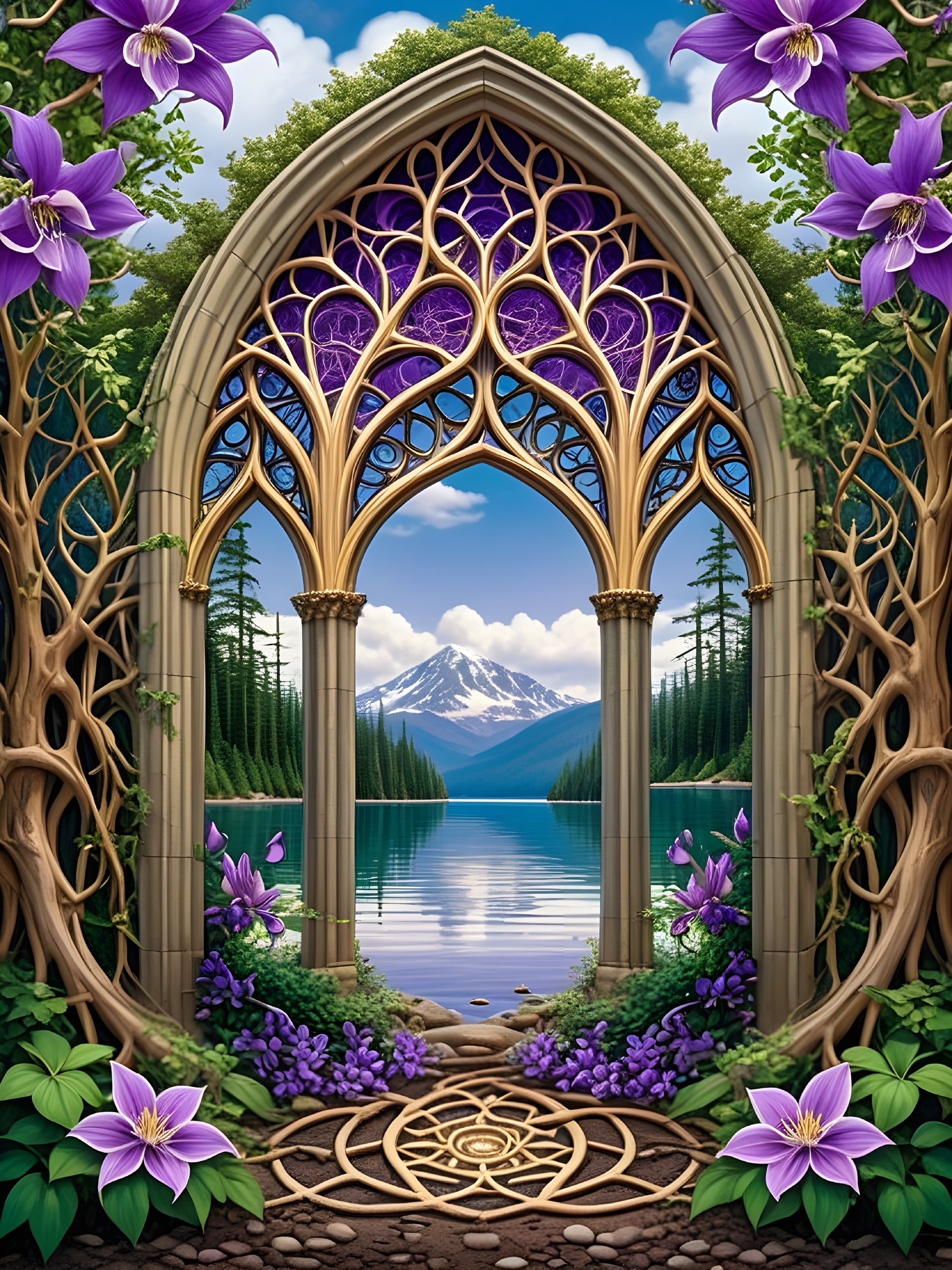 Gothic Archway Surrounded by Trees and Lake View