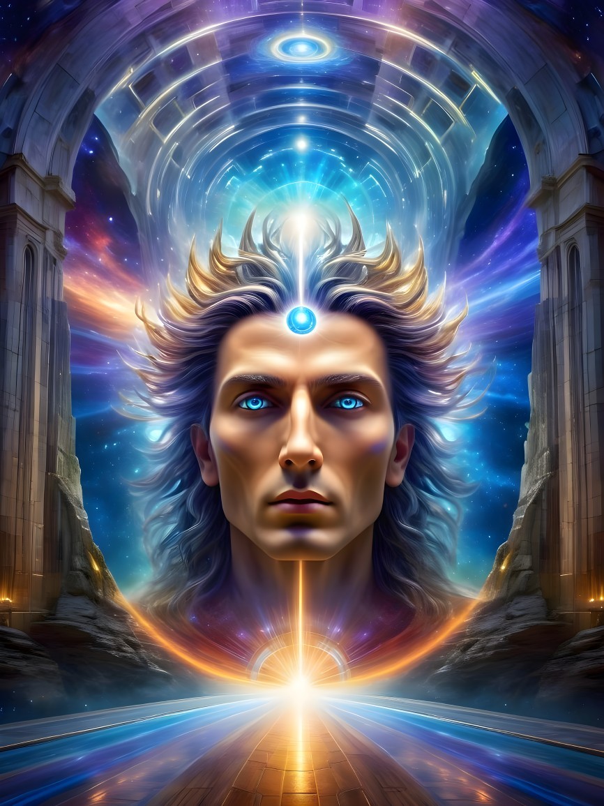 Mystical Man with Blue Eyes in Cosmic Background