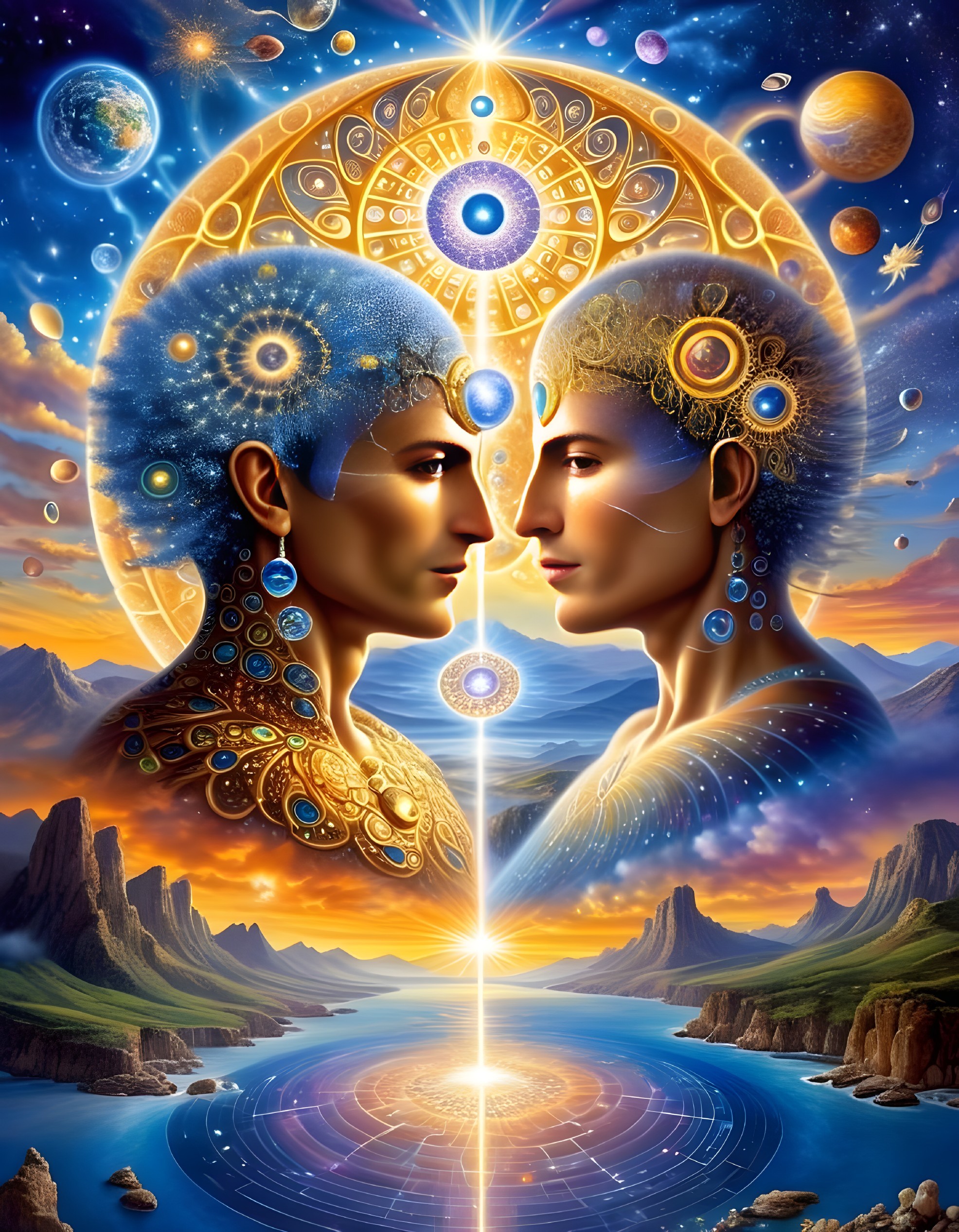 Cosmic Scene with Ethereal Figures and Mandala Design