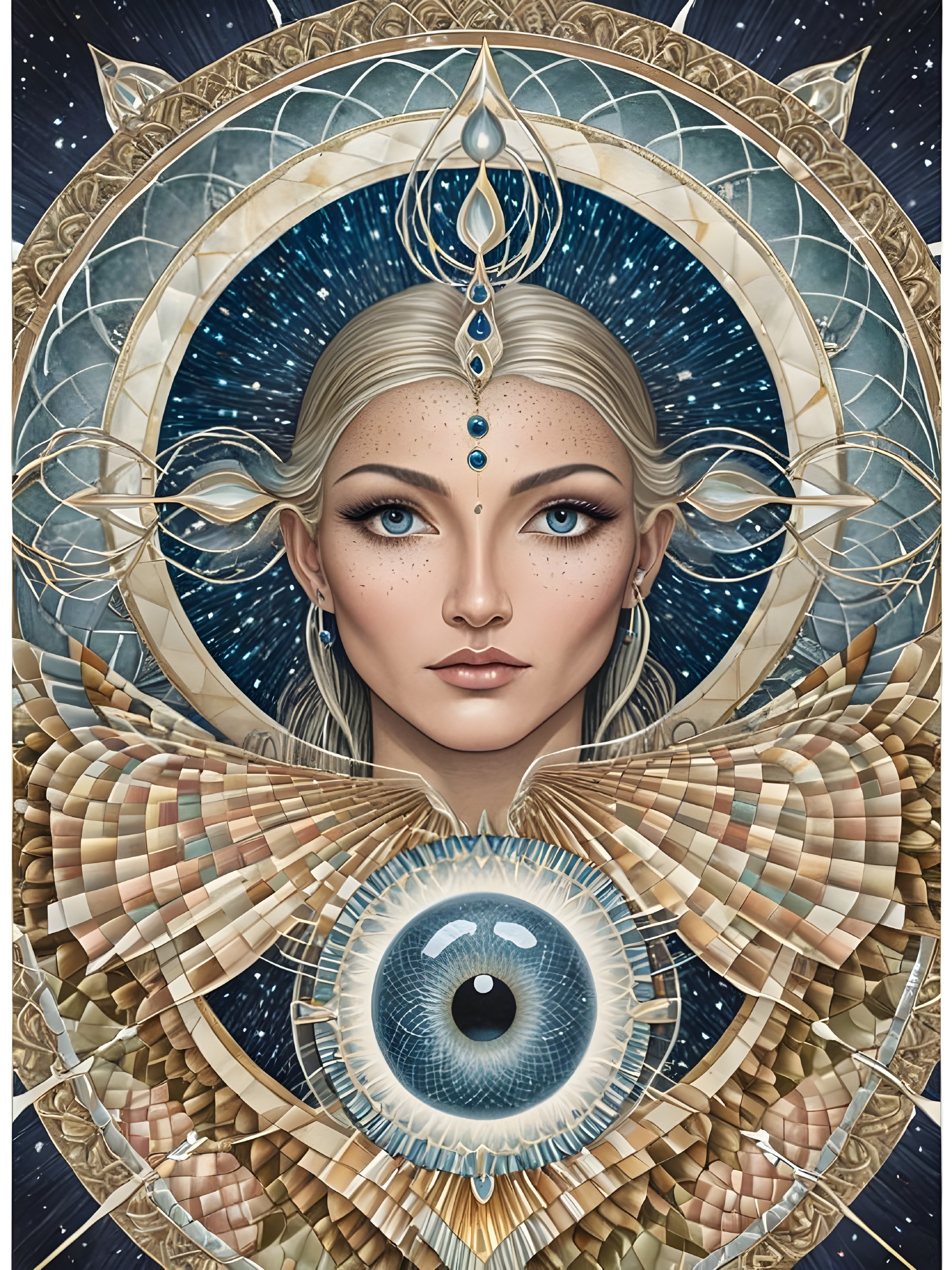 Ethereal Figure with Blue Eyes and Geometric Patterns