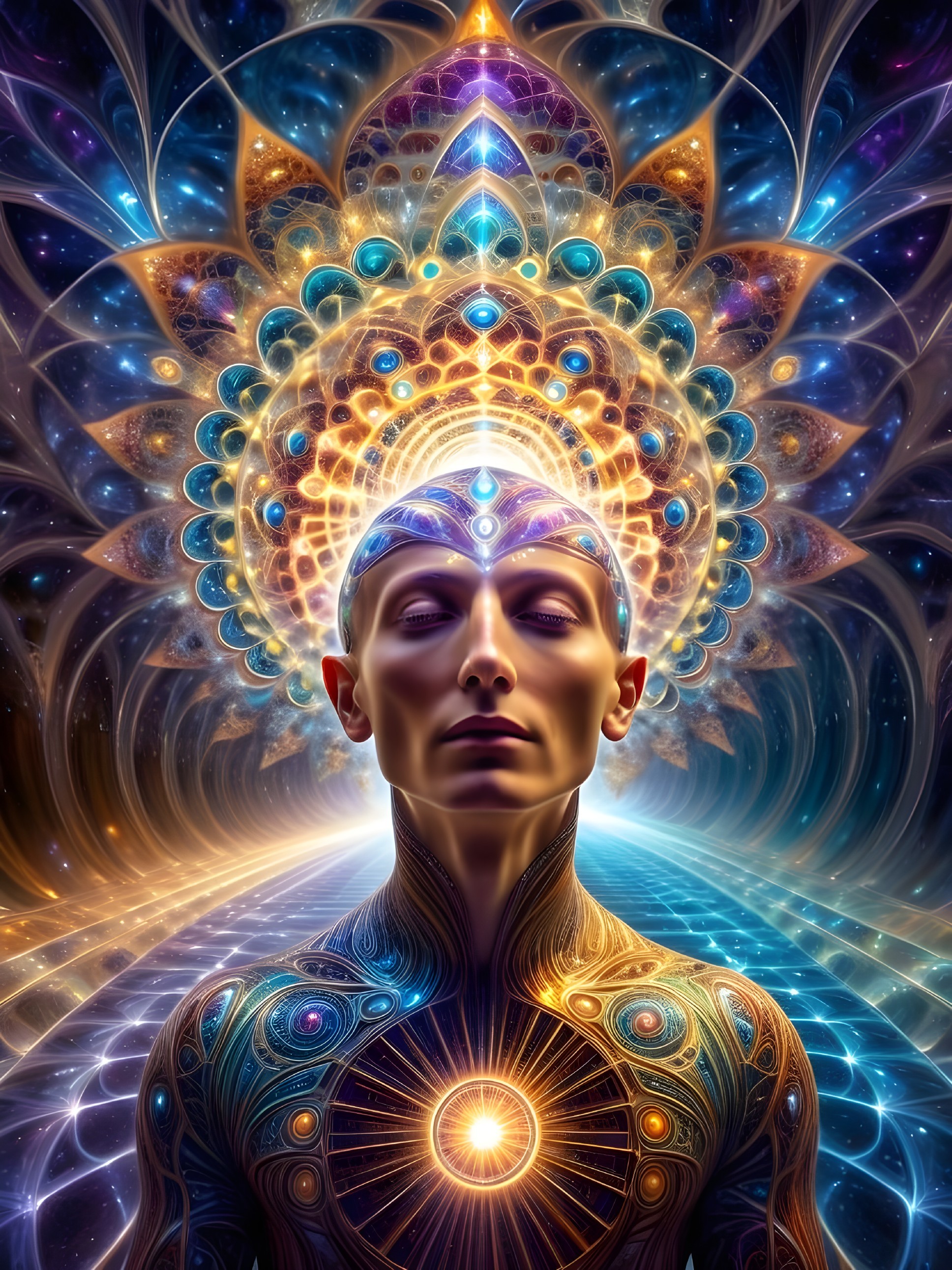 Serene Figure in Cosmic Landscape with Vibrant Colors