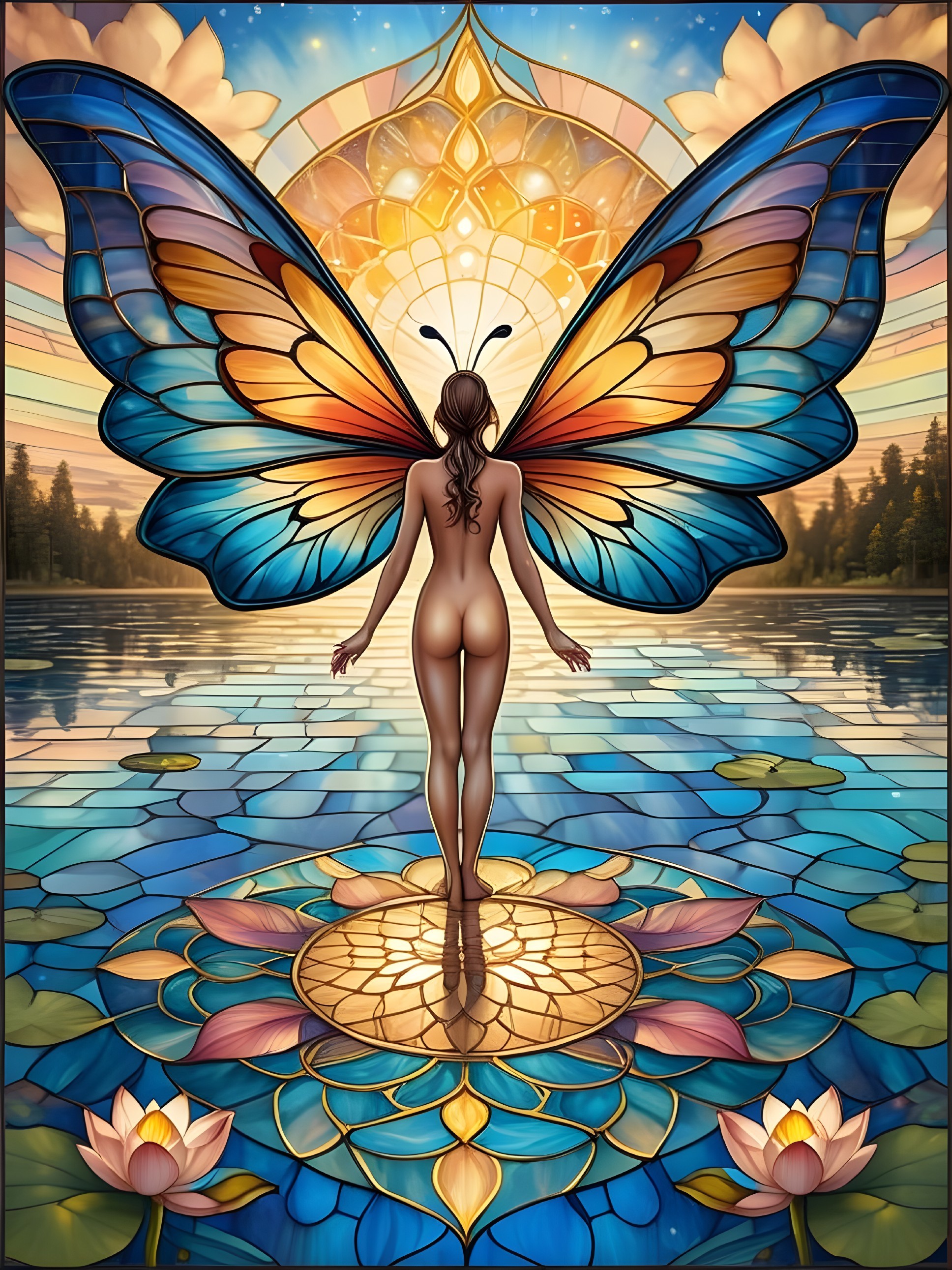 Butterfly Winged Figure on Lotus in Tranquil Water