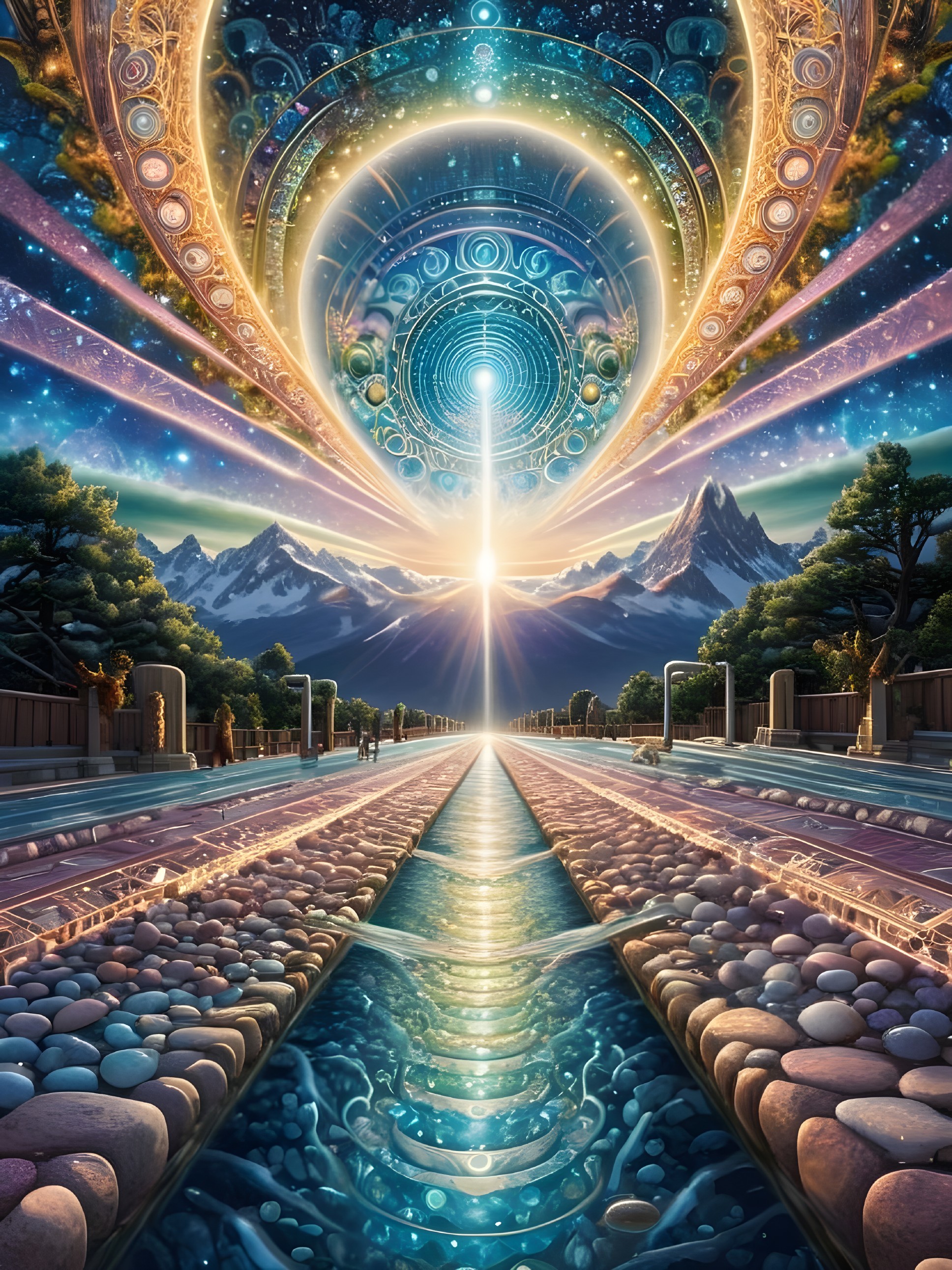 Surreal Landscape with Cosmic Portal and Shimmering River