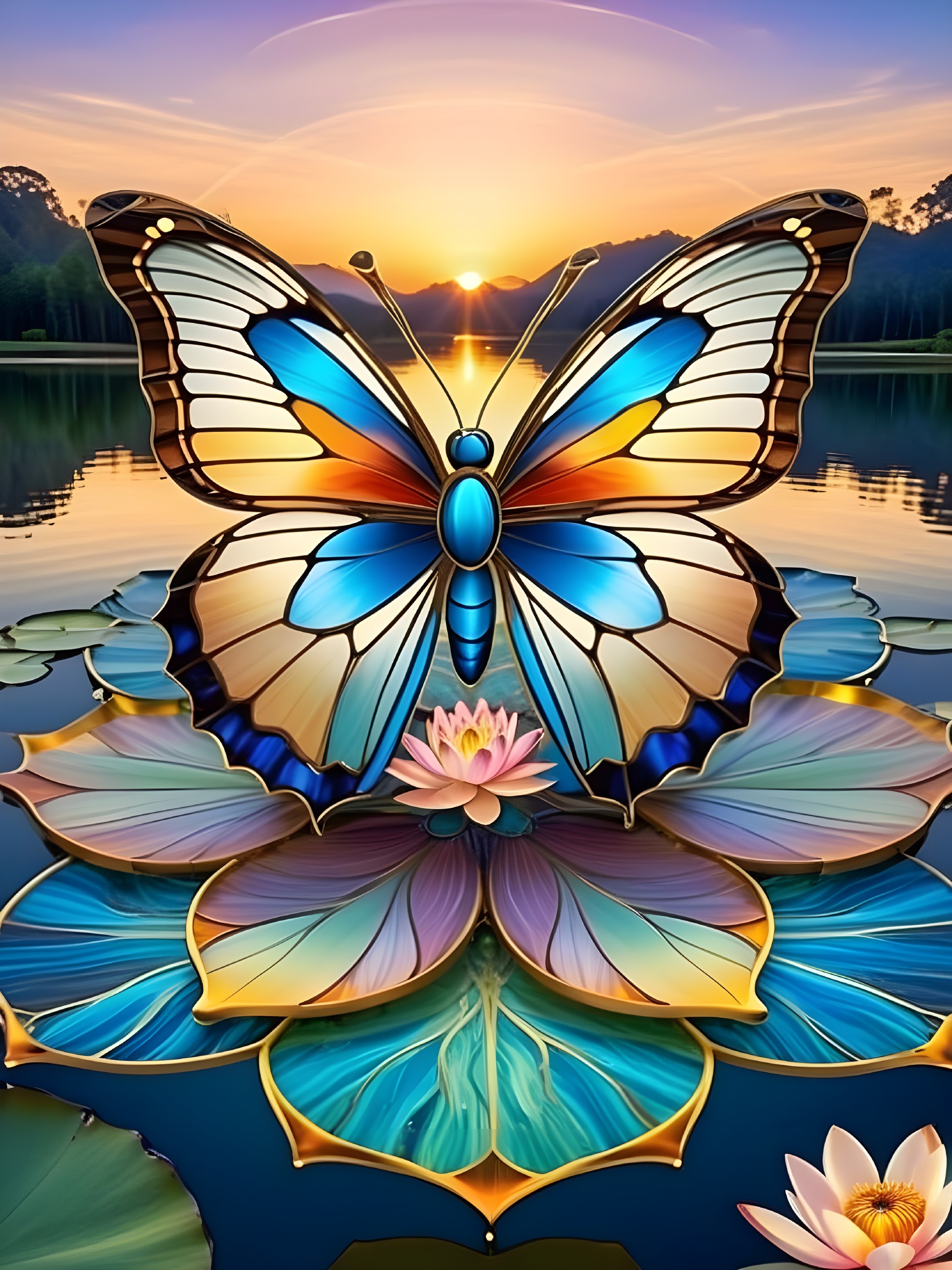 Butterfly on Lotus Flower in Serene Lake Setting