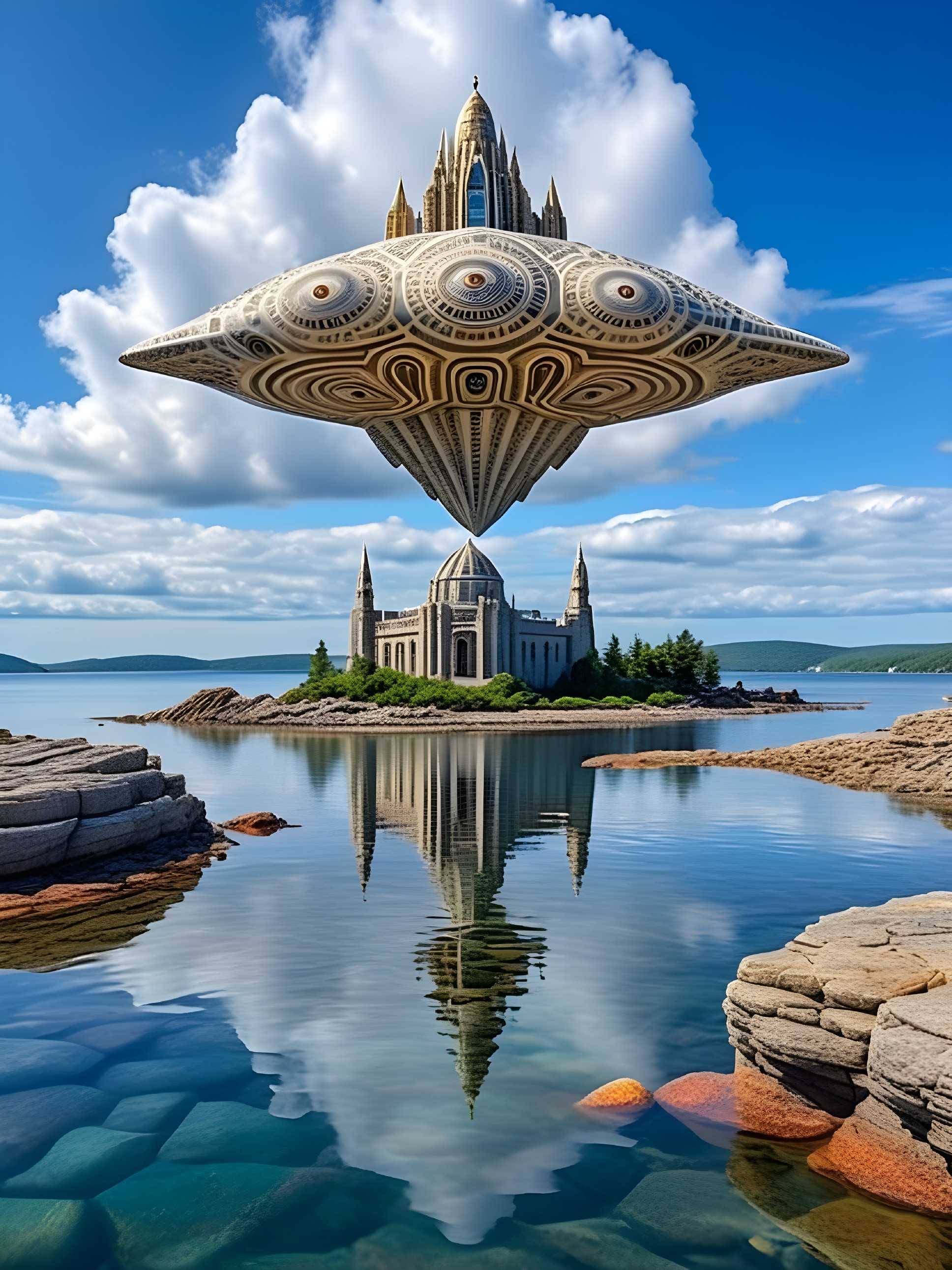 Surreal Landscape with Floating Saucer and Castle