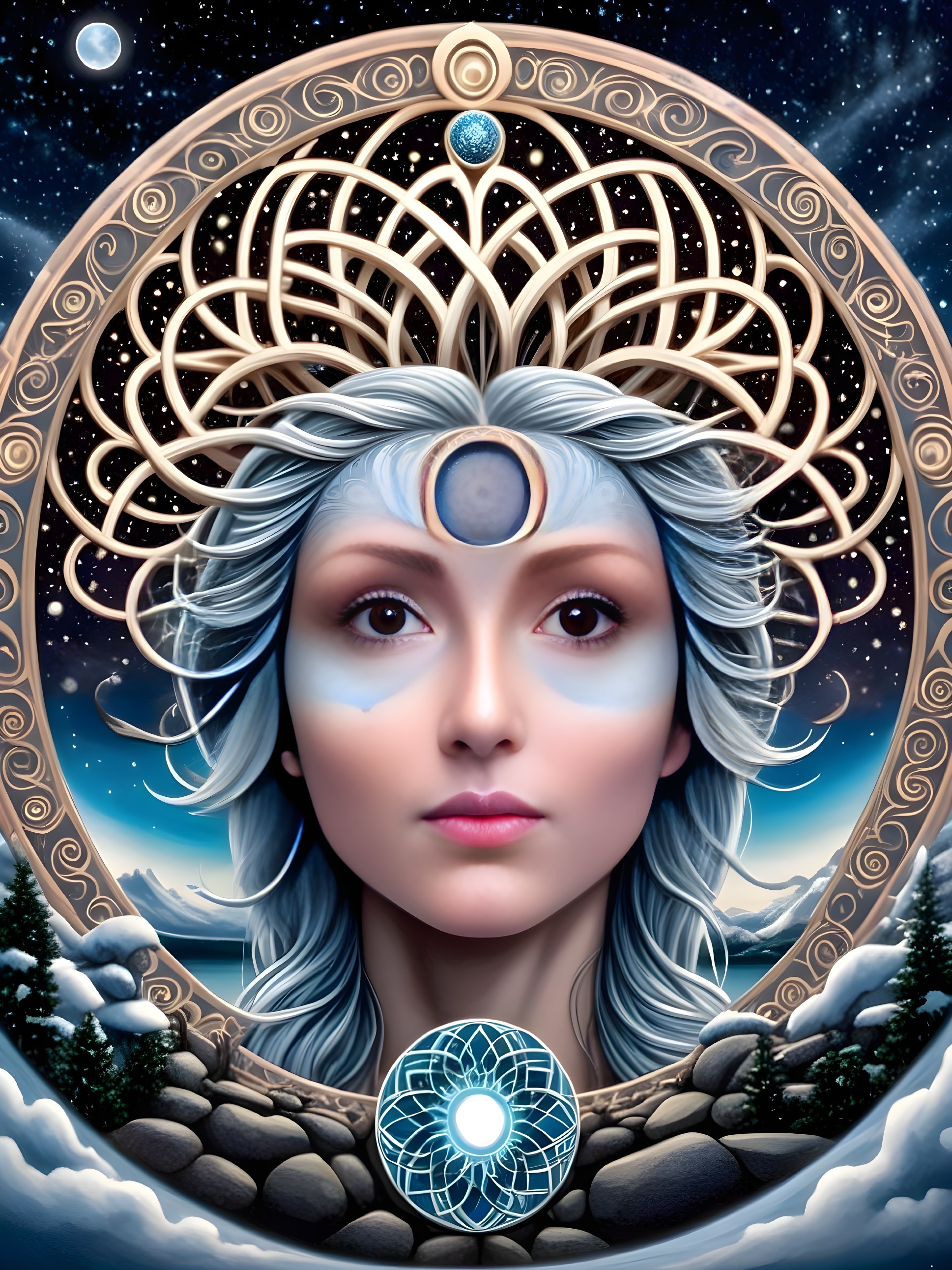 Mystical figure with silver hair in celestial landscape