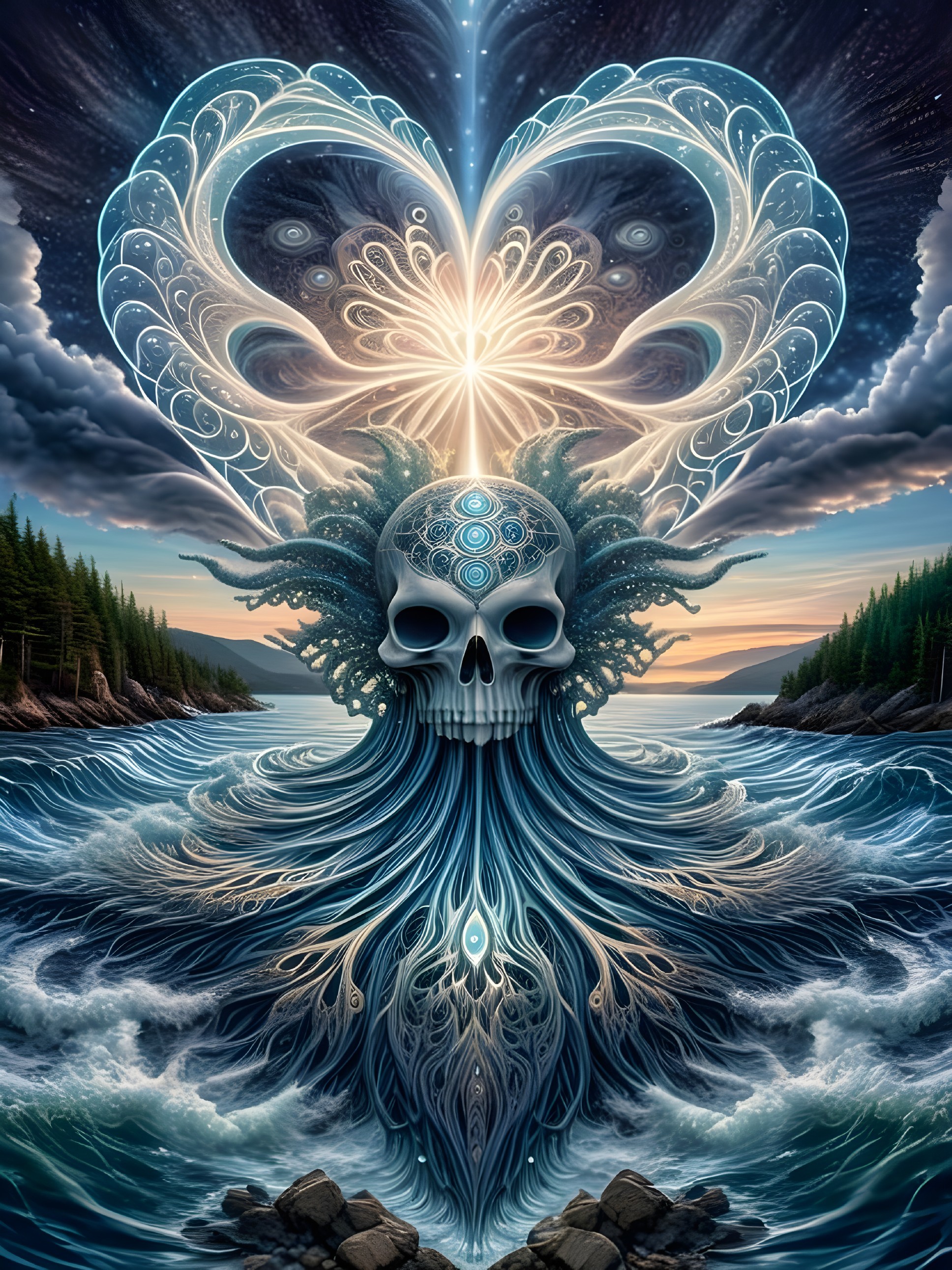 Intricate Skull Emerges from Turbulent Ocean Waves