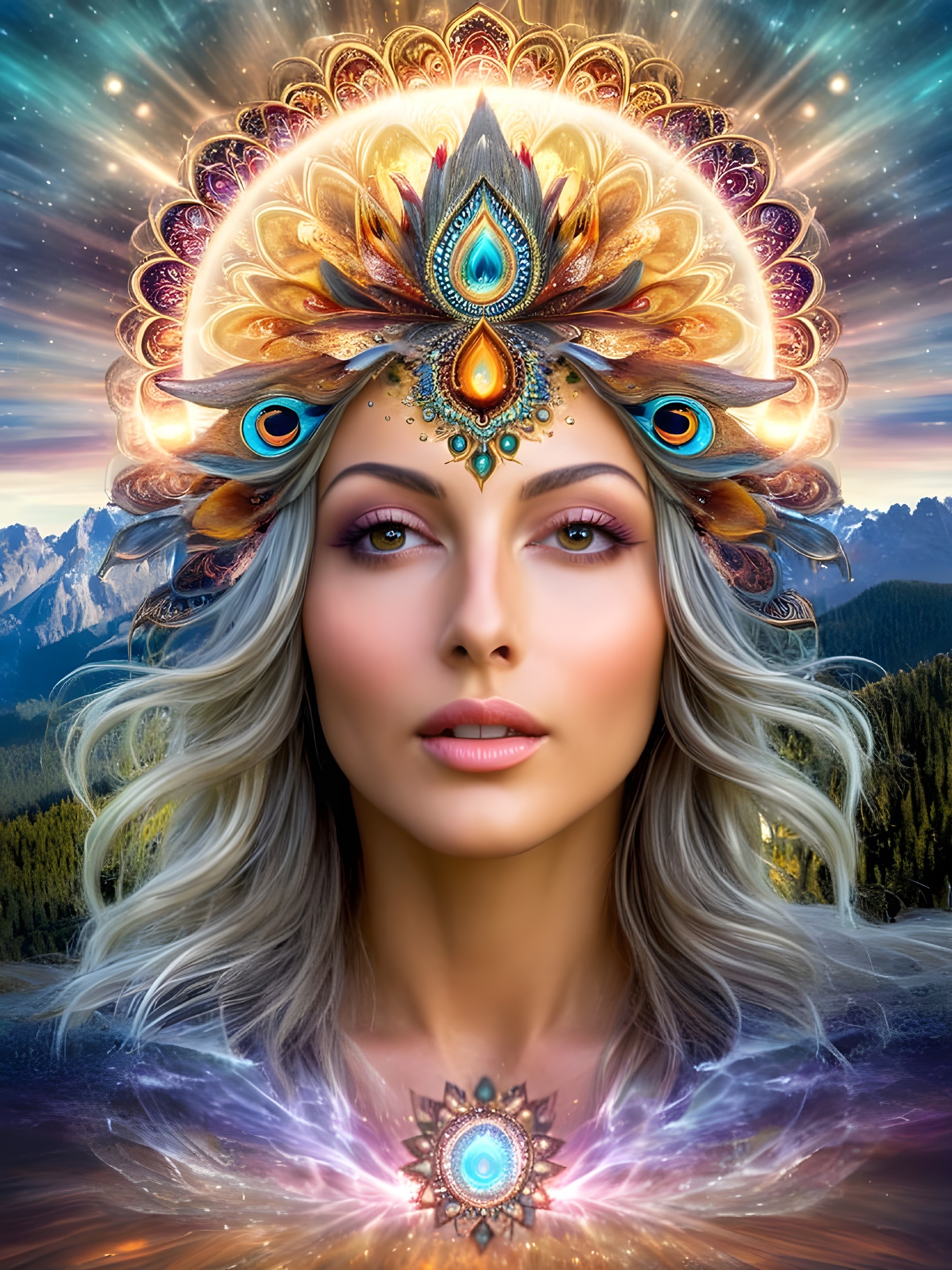 Ethereal Woman with Colorful Jewelry and Cosmic Backdrop