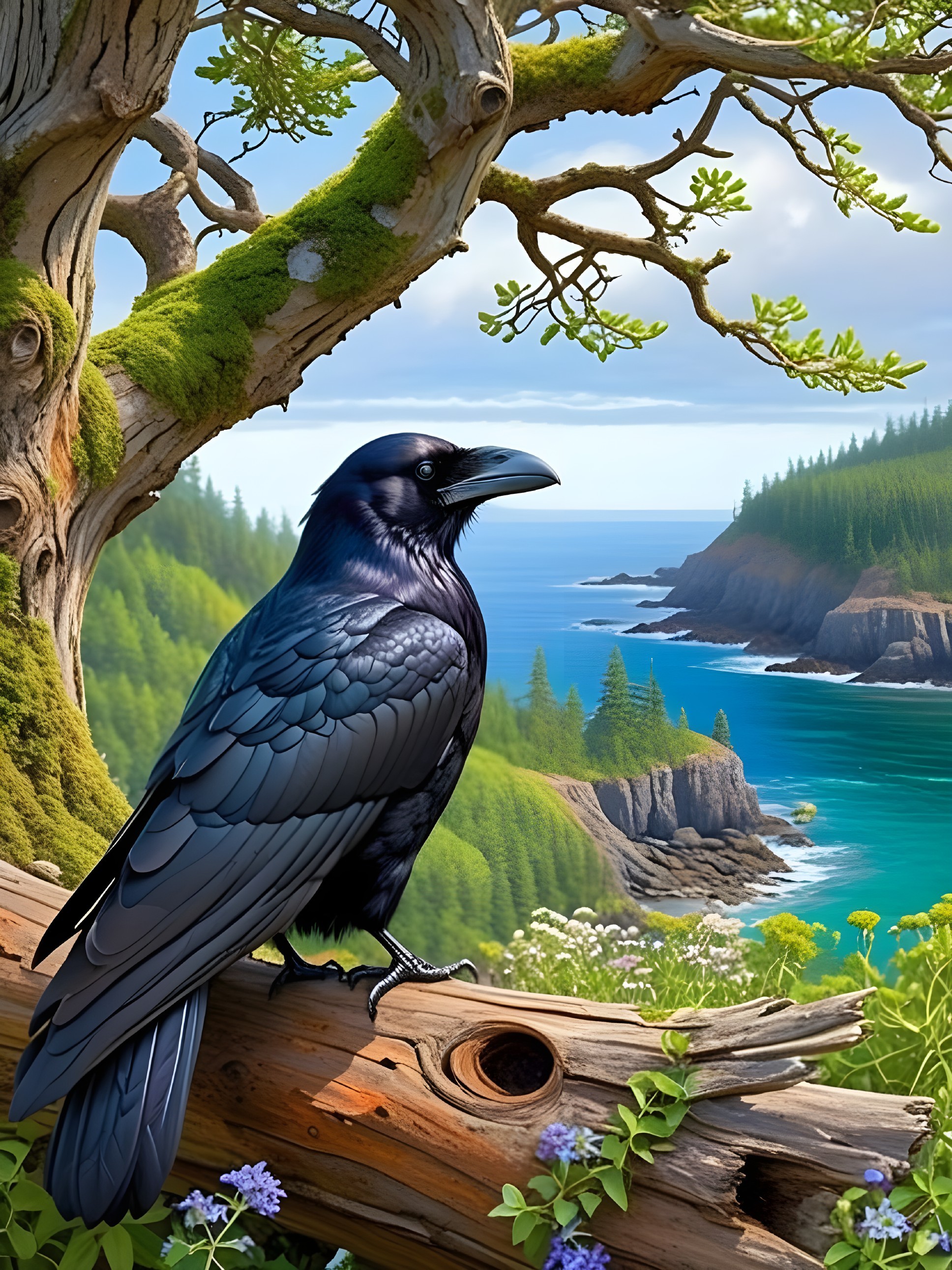 Raven on Mossy Log Overlooking Coastal Landscape
