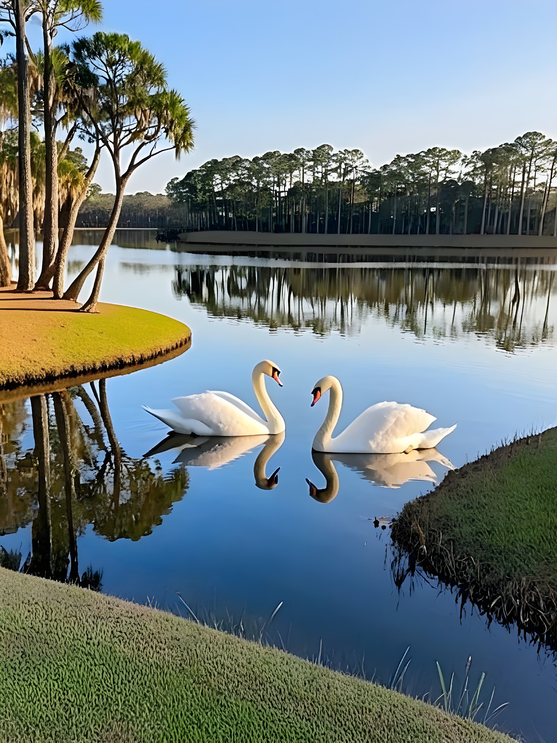 Elegant swans on a serene lake in morning light