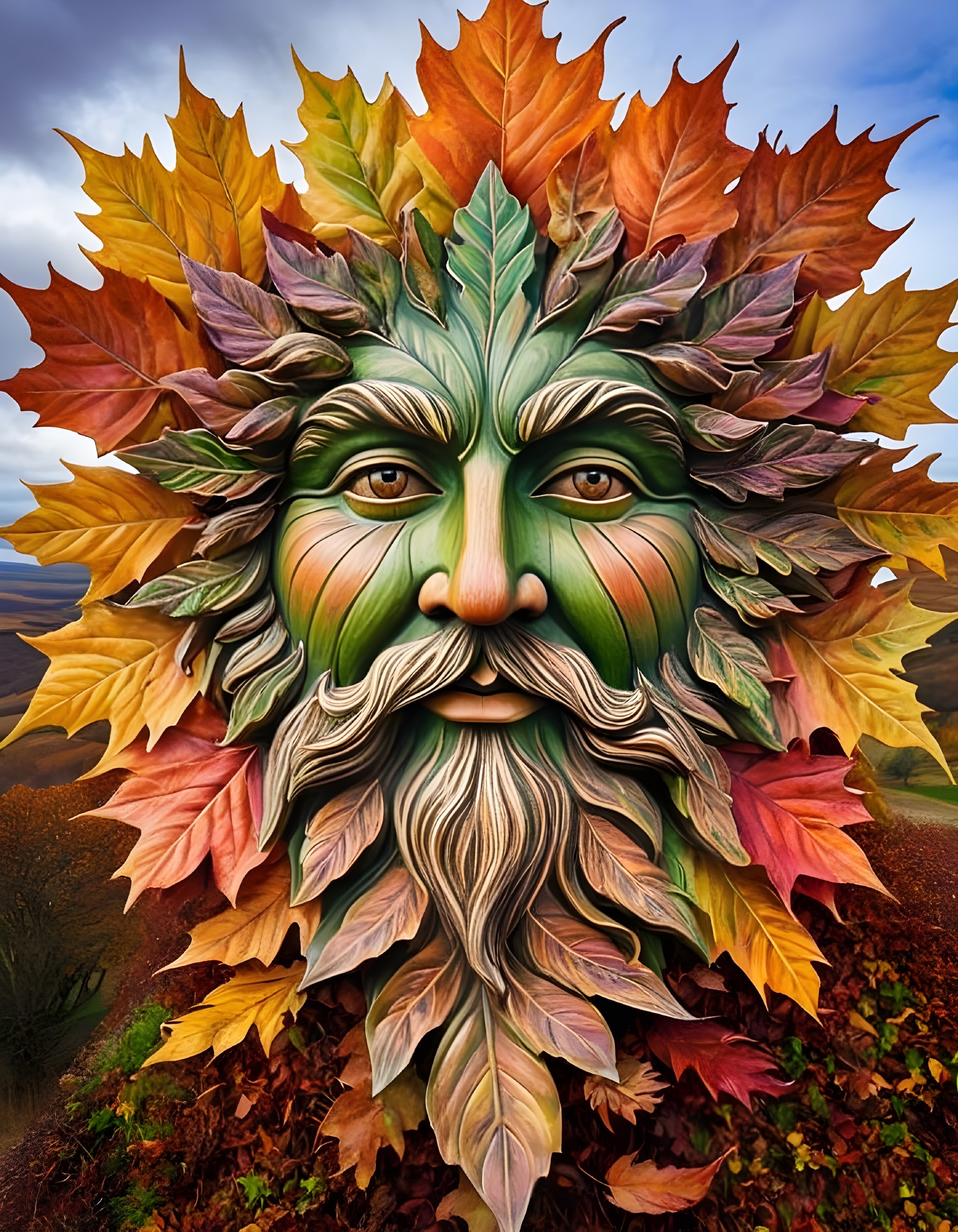Intricately Carved Mythical Green Man with Leaves