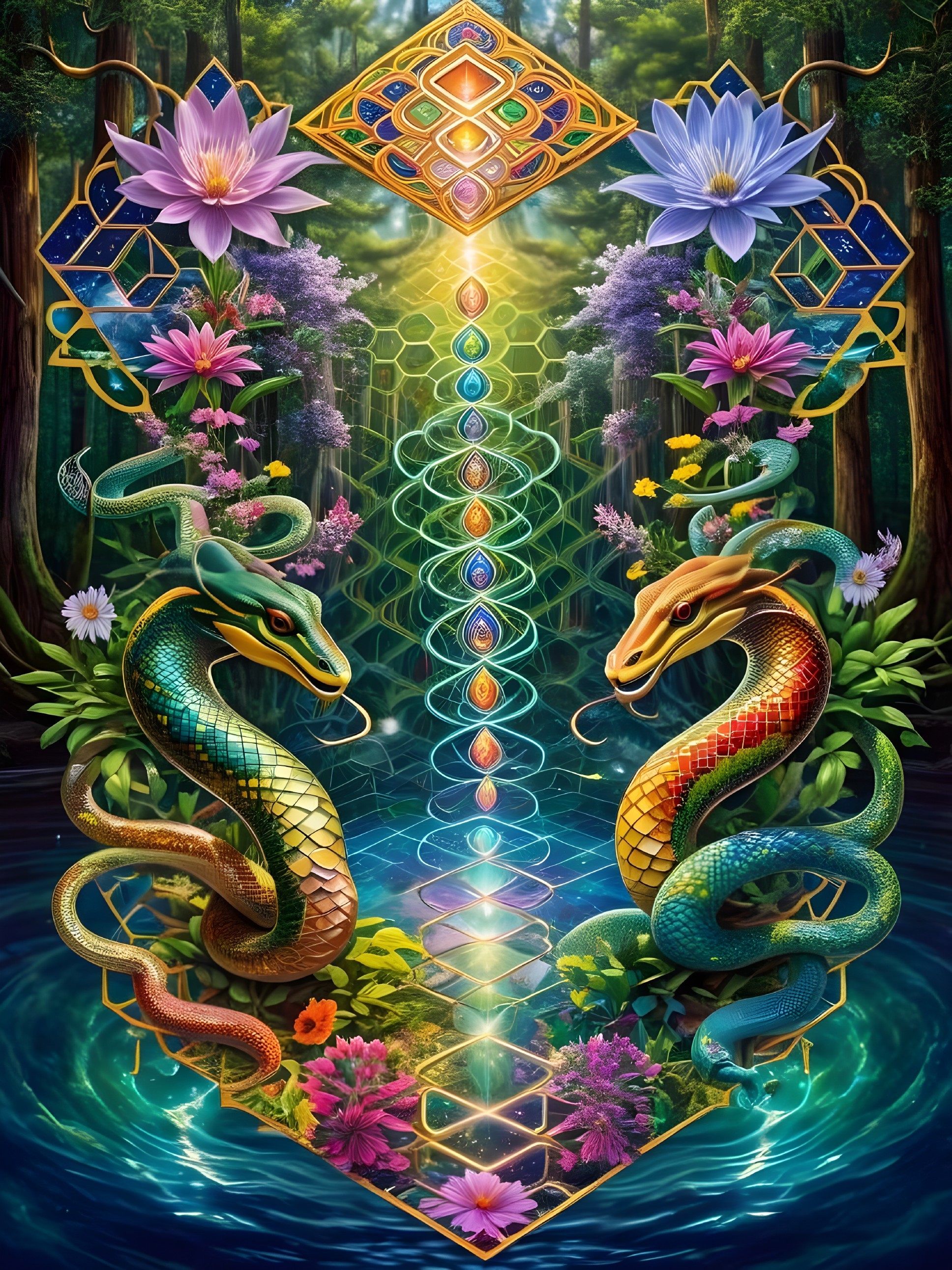 Serpentine Creatures Around Colorful Central Pillar