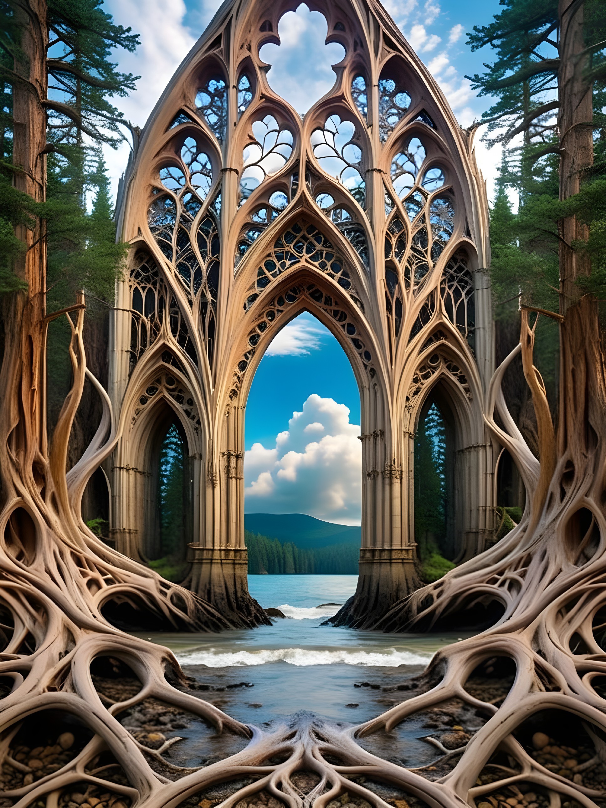Mystical Tree Archway in a Lush Forest Setting