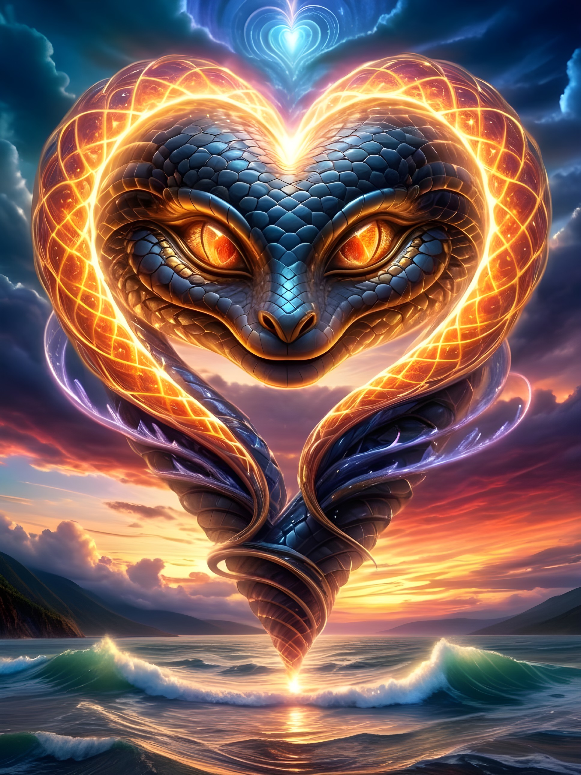 Heart-Shaped Snake Artwork with Sunset and Waves