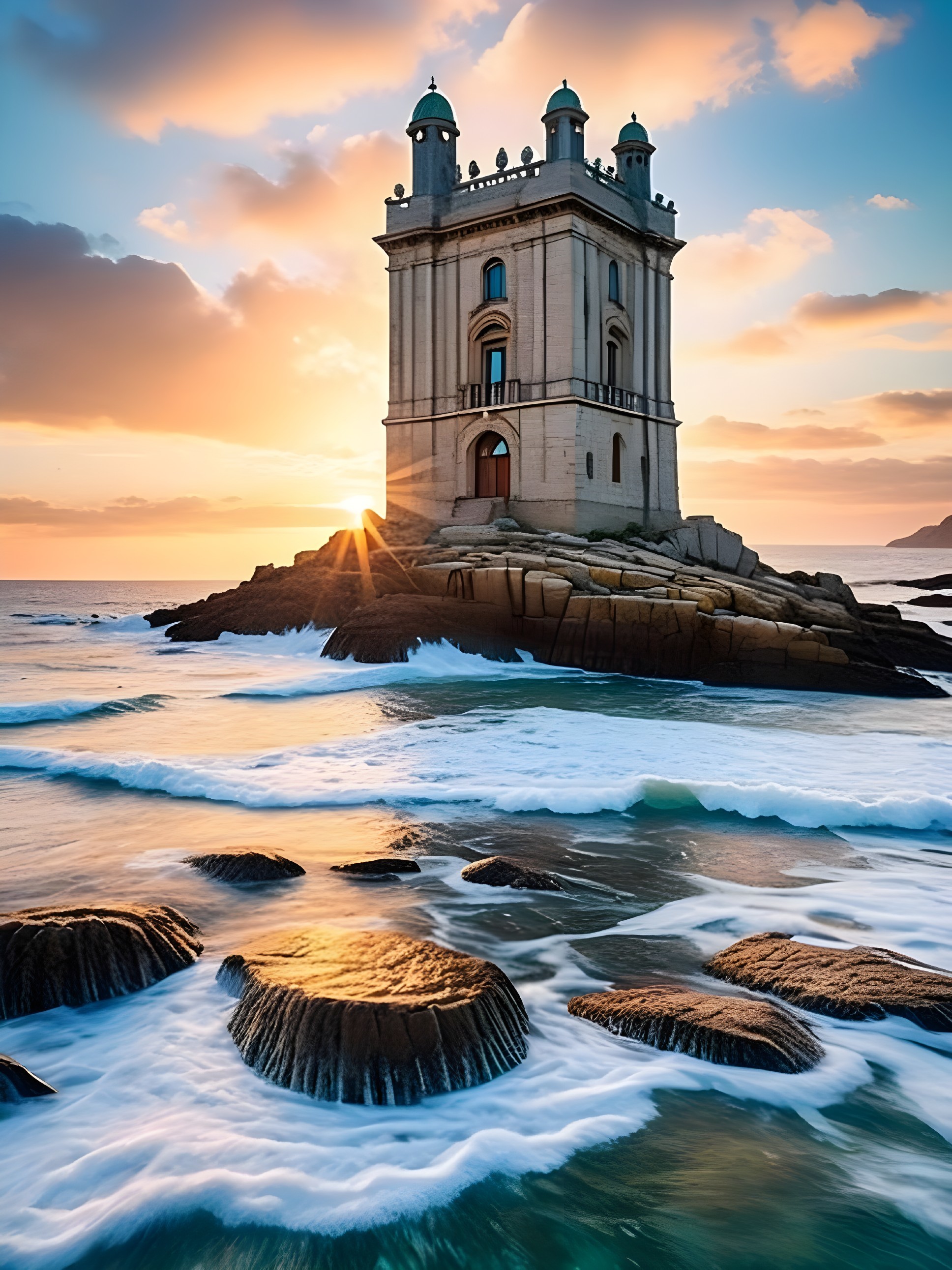 Coastal Scene with Tower and Sunset Over Waves