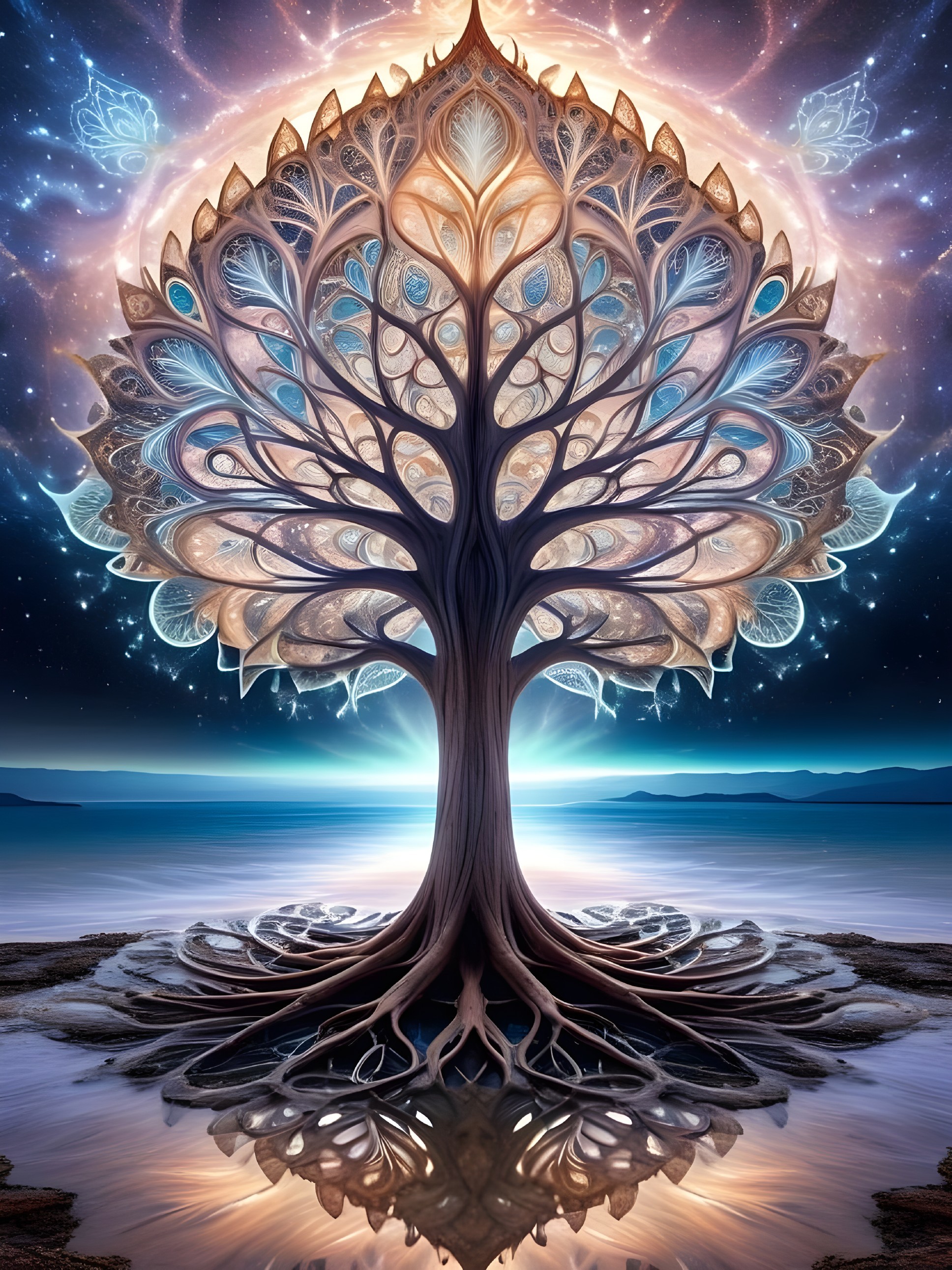 Majestic tree with luminous leaves by serene water