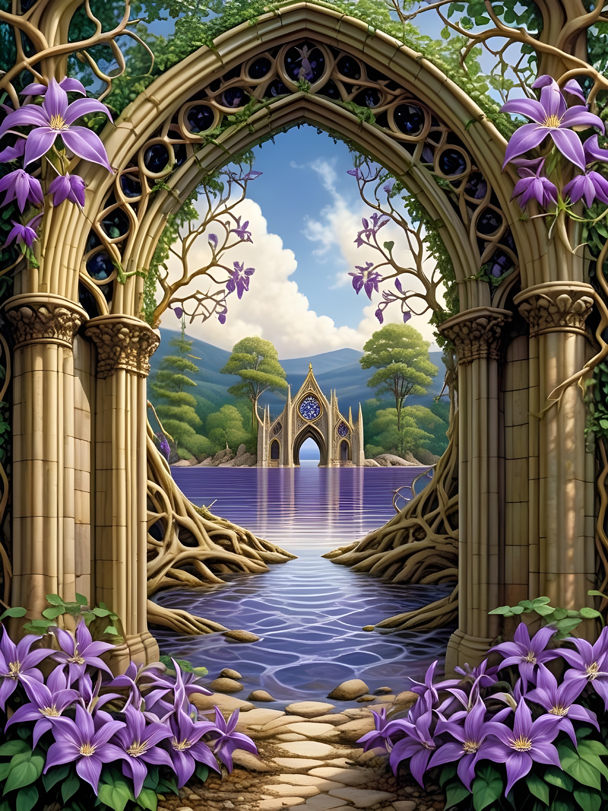 Picturesque Landscape with Archway and Tranquil Lake