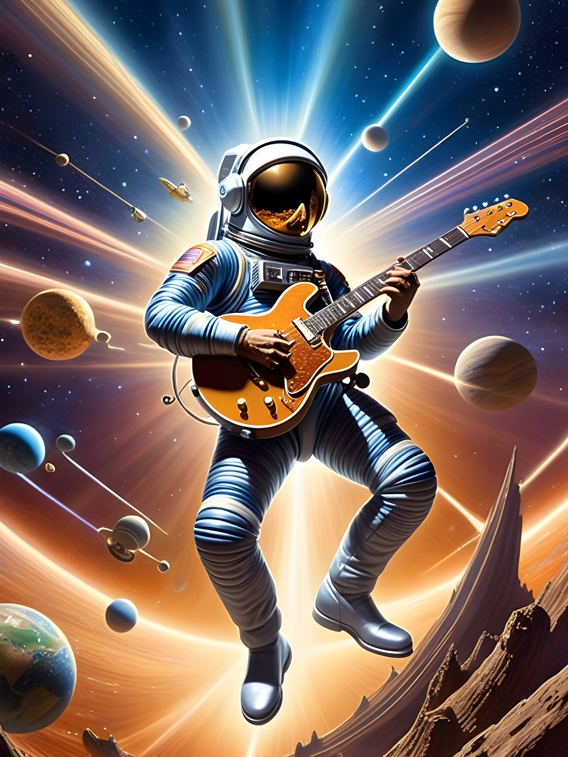 Astronaut with Guitar in Colorful Cosmic Scene