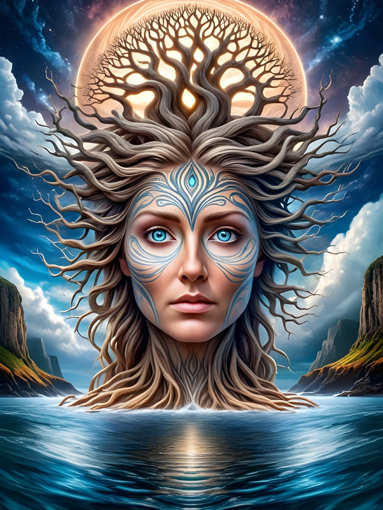 Majestic figure in ocean with cosmic tree elements