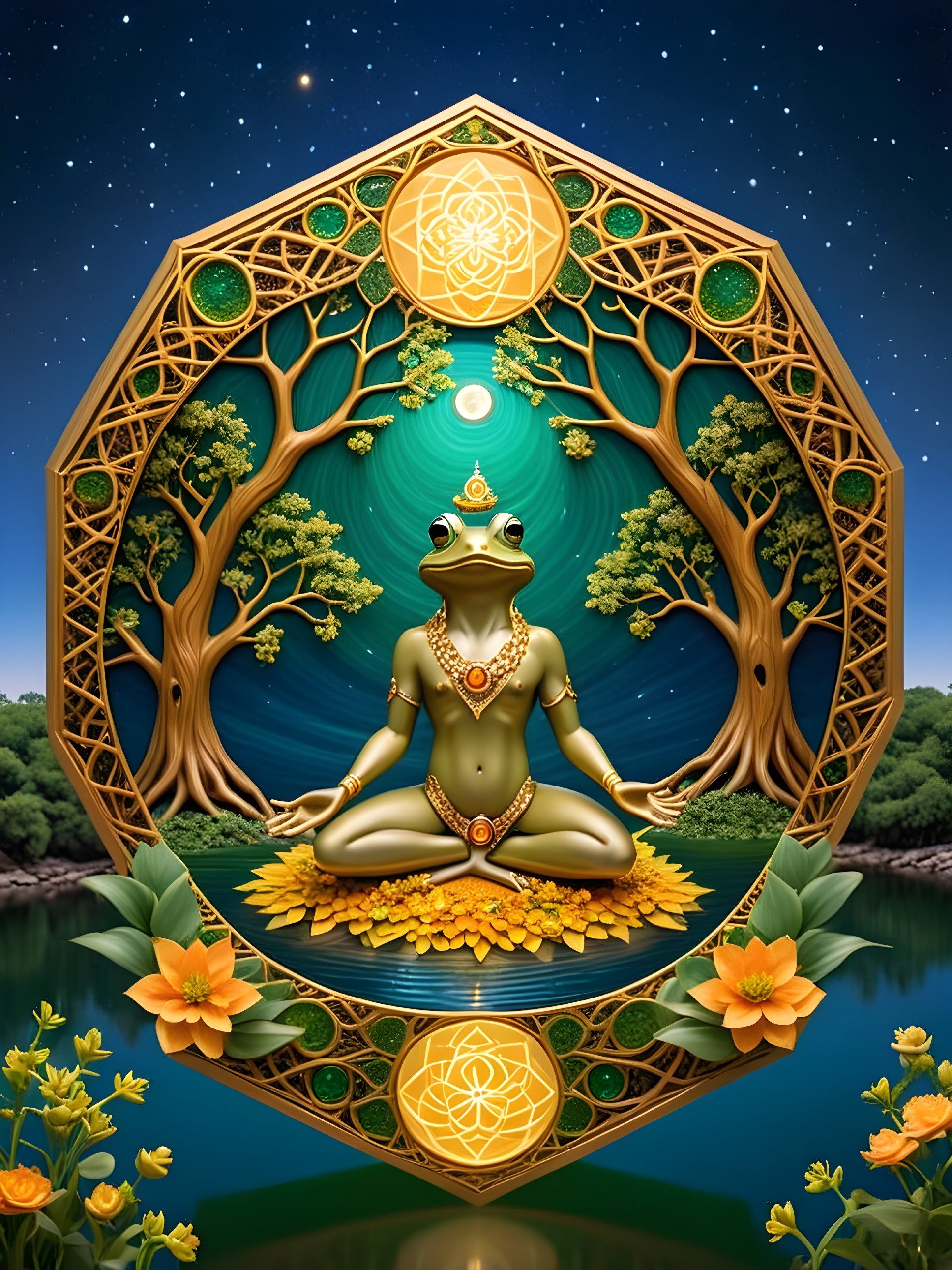 Humanoid Frog Meditating Amidst Cosmic Serenity